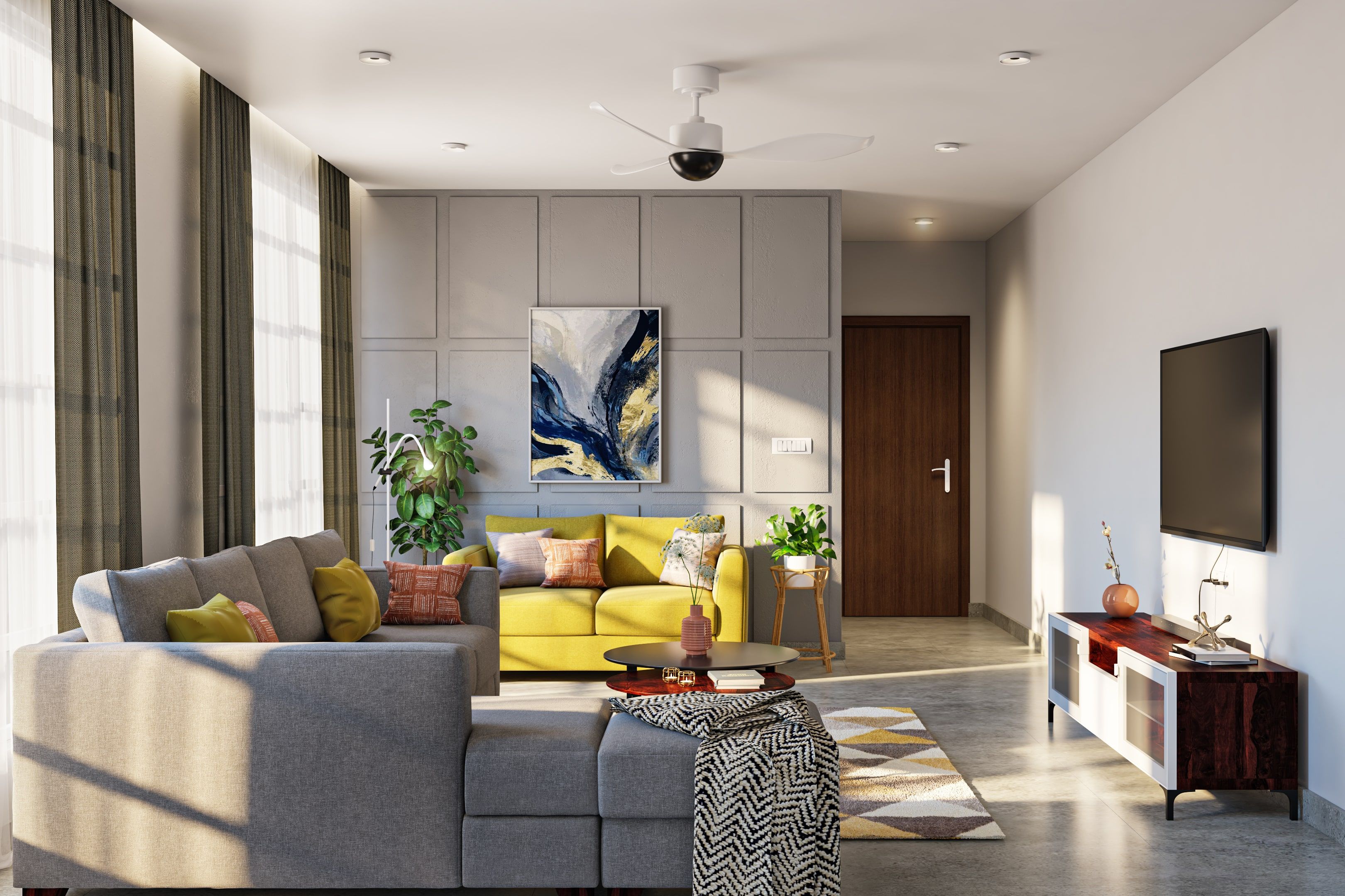 Modern living room with sleek cabinets, illustrating clean layout for clip‑art composition