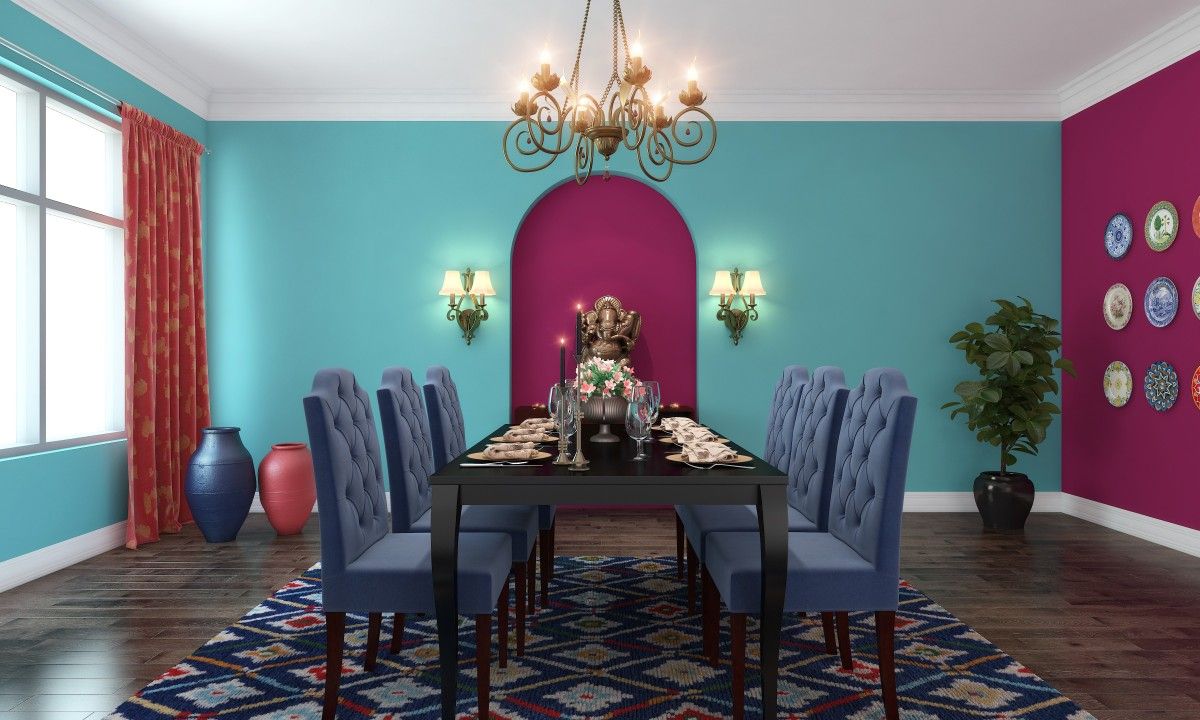 Black And Blue 6-Seater Dining Room Design With Traditional Aesthetics ...