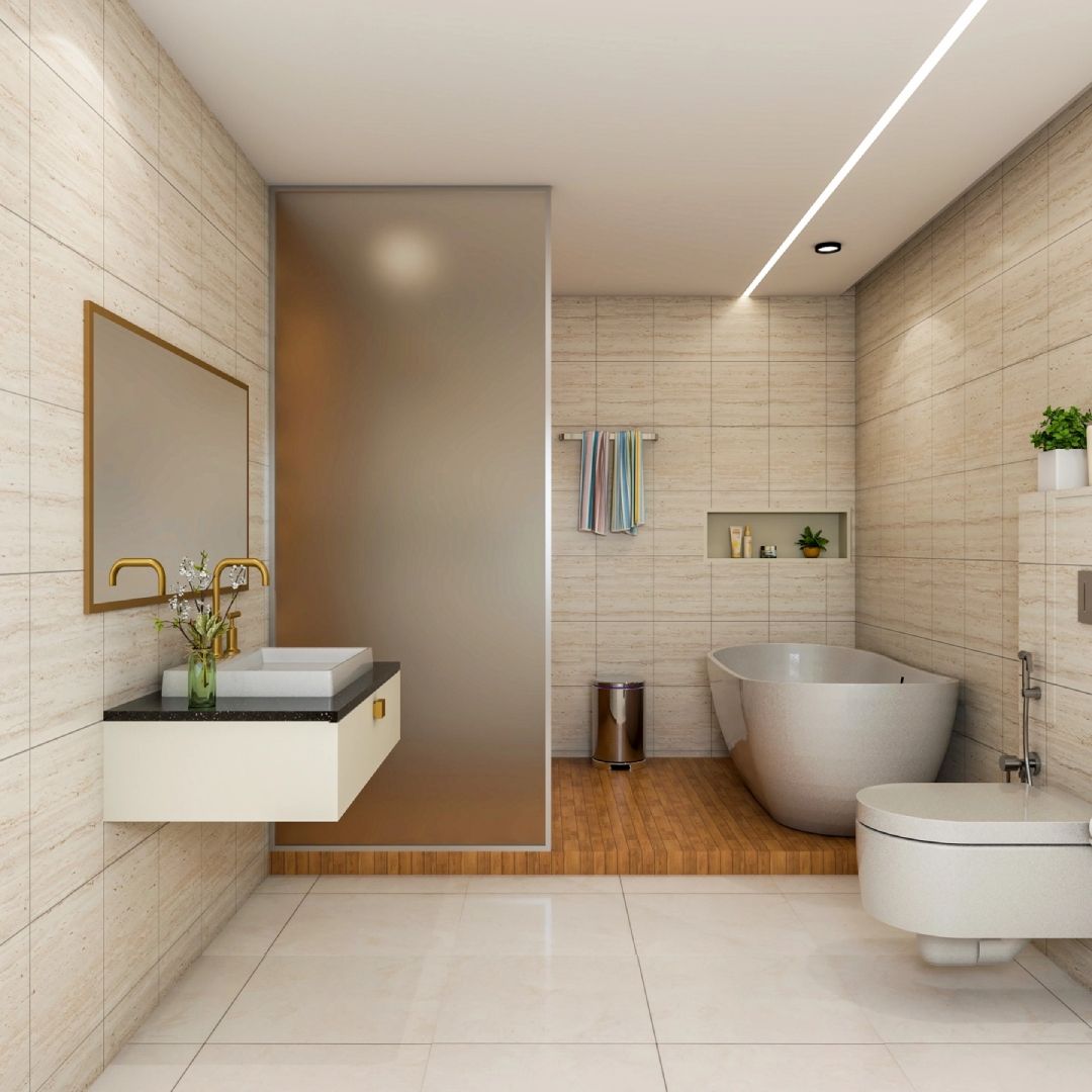 Spacious Bathroom Design With Bathtub And Wooden Flooring | Livspace