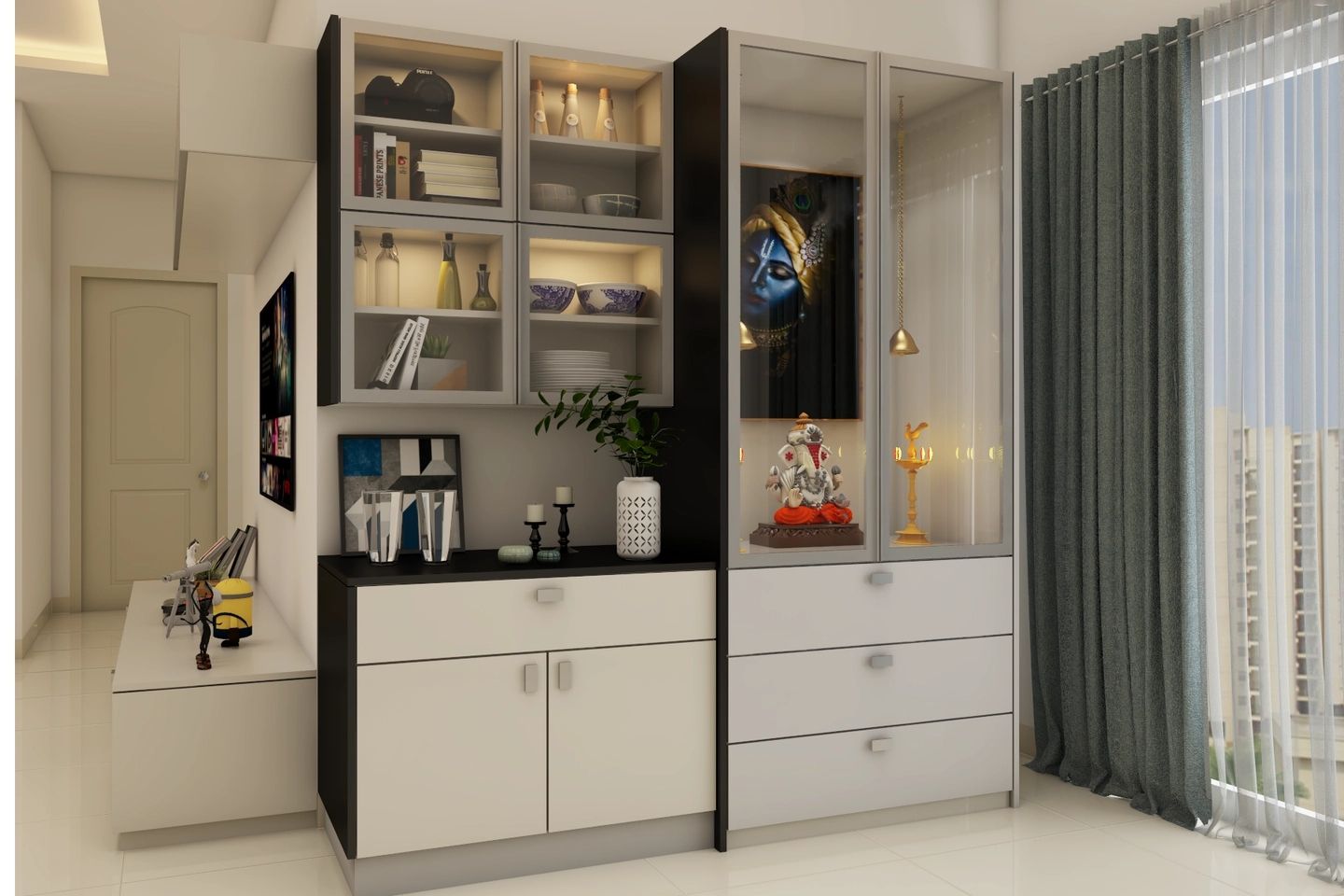 Compact Pooja Room Design With Glass Doors And Multiple Drawers 