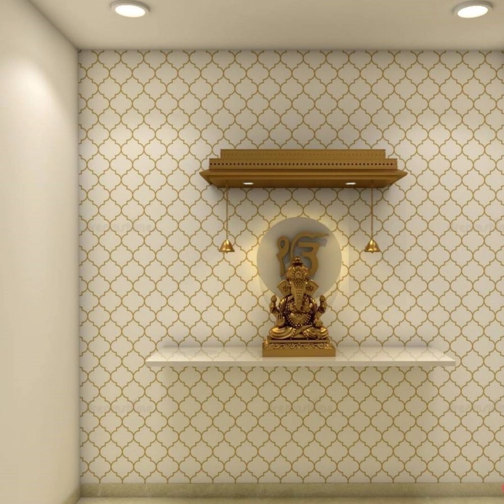 Simple White-Gold Themed Pooja Room | Livspace