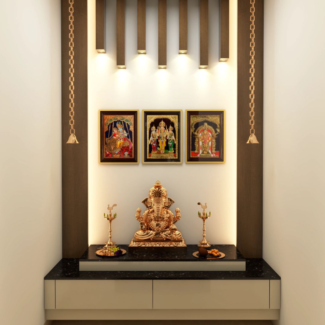 Wooden Traditional Spacious Pooja Room Design with Drawers | Livspace