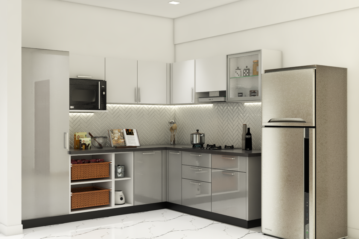 Grey And White L-Shaped Modern Kitchen Design Idea