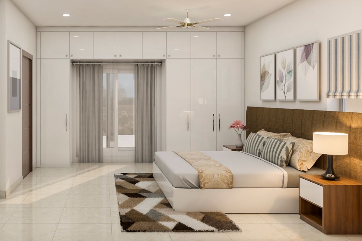 Glossy White Bedroom Flooring Design Livspace