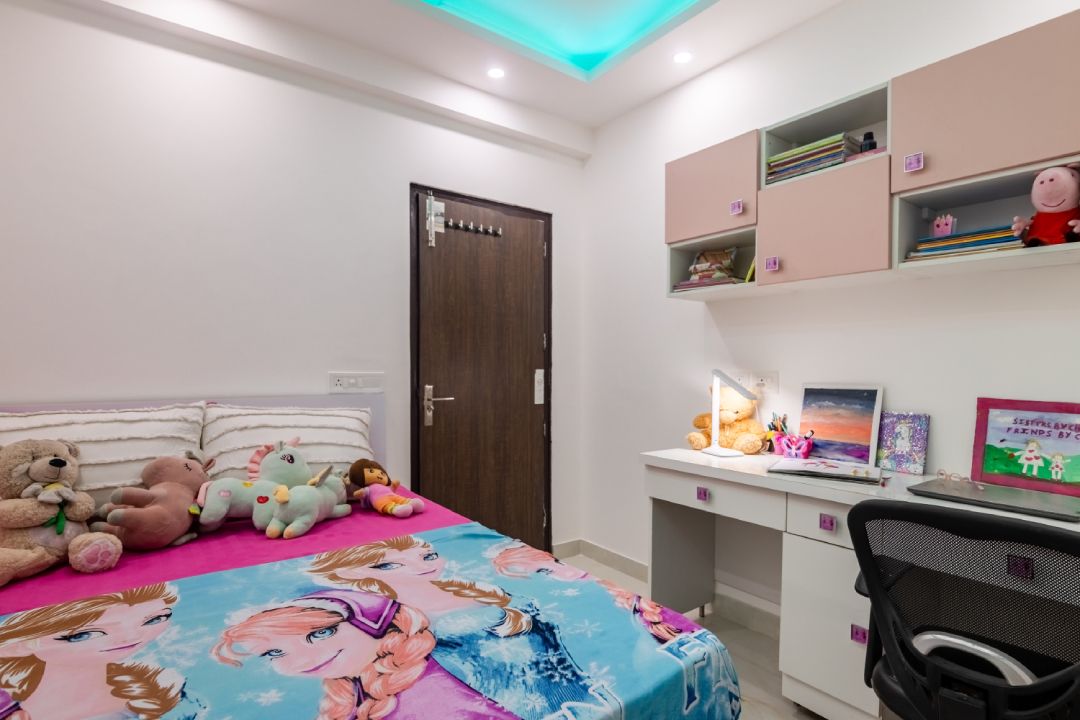 Modern Kids Room Design For Girls With Peripheral False Ceiling And Blue Paint