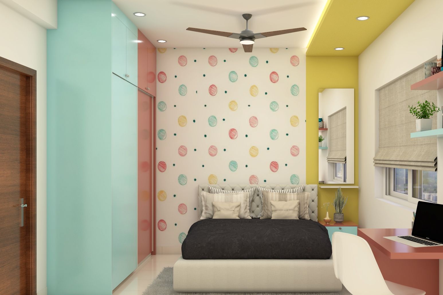 Modern Kids Bedroom Design With Colourful Wallpaper And Warm Strip Lighting