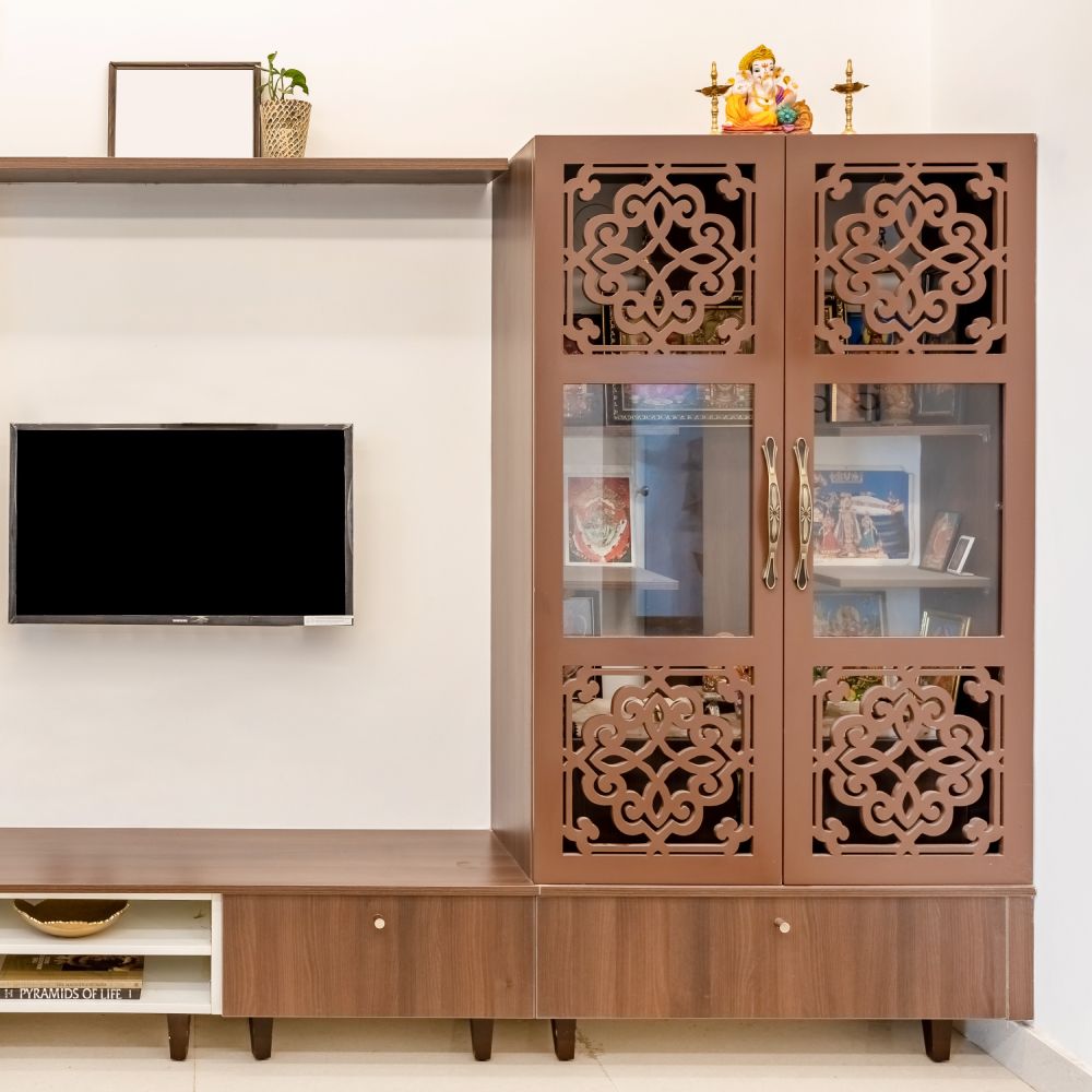 Modern Pooja Unit Design With Glass Panelling