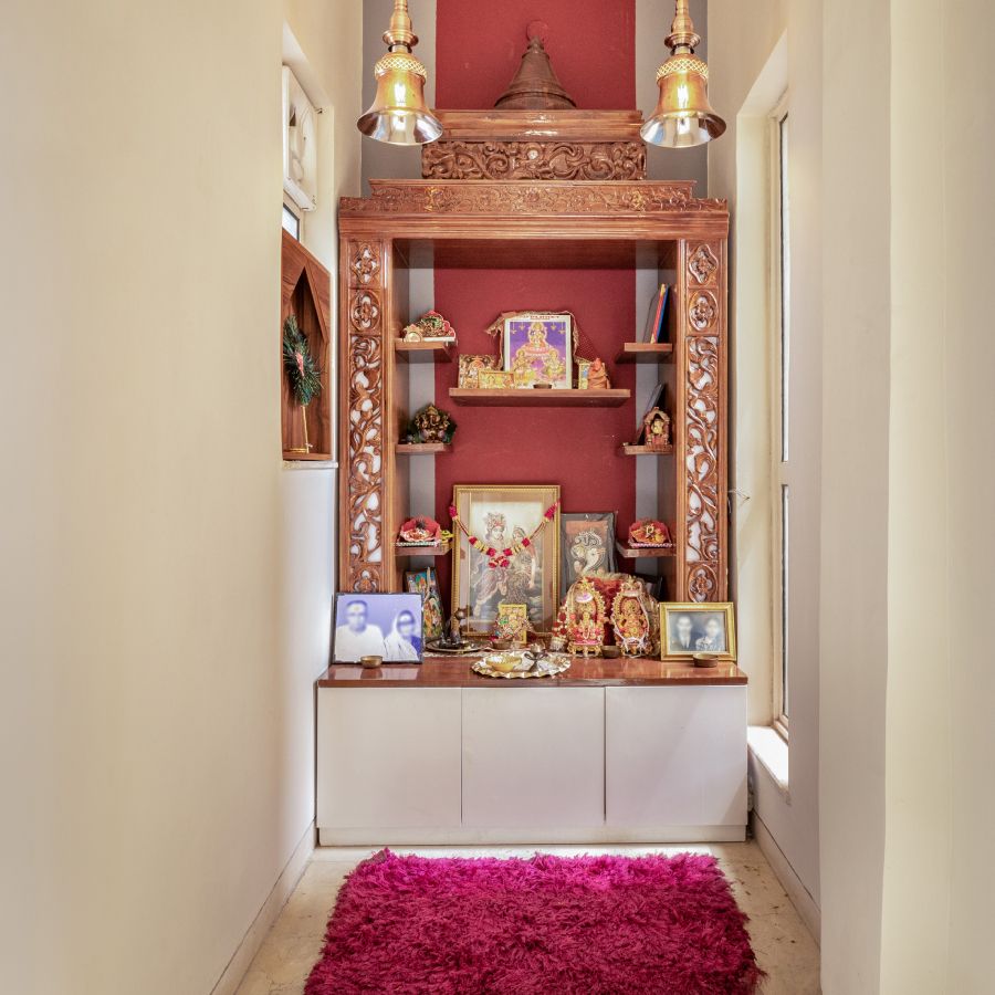 Traditional Mandir Design With Ample Storage Space