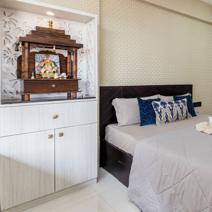 White Pooja Mandir Design For Contemporary Bedrooms