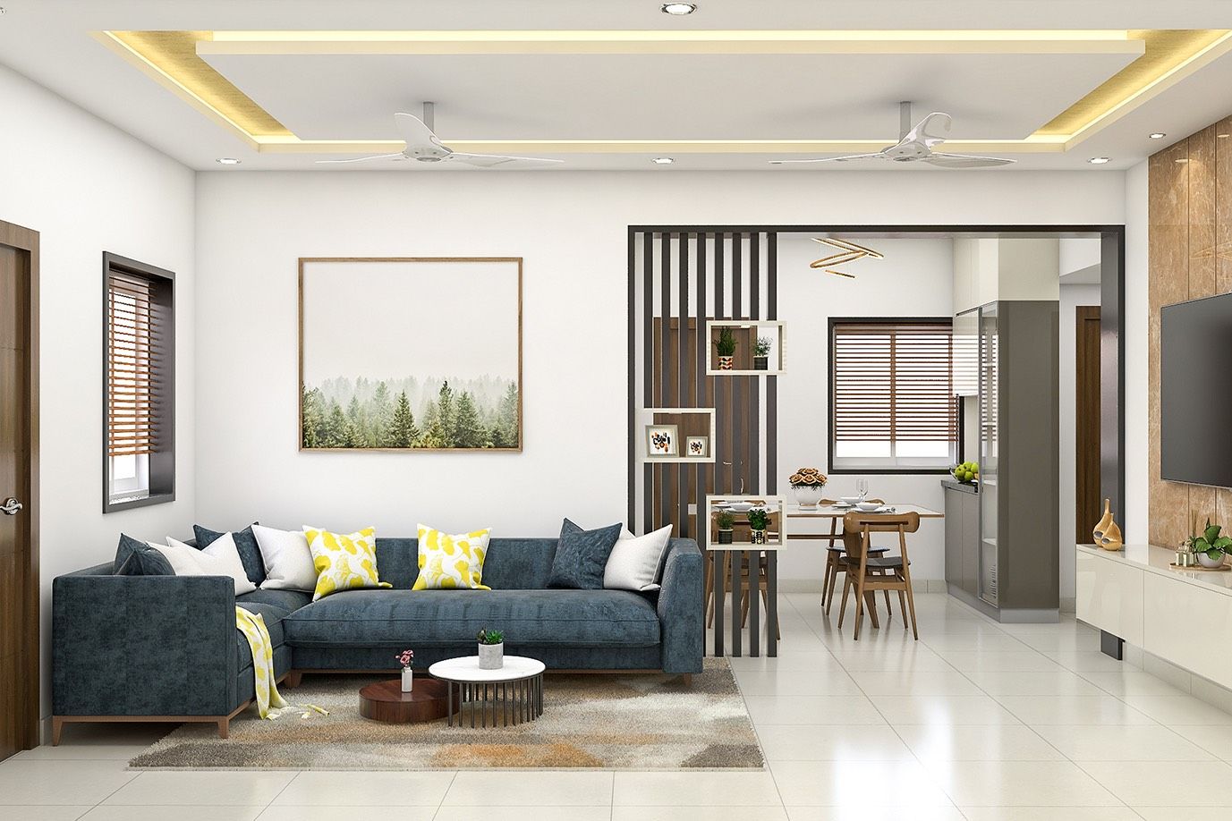 Spacious White Modern Living Room Tile Design