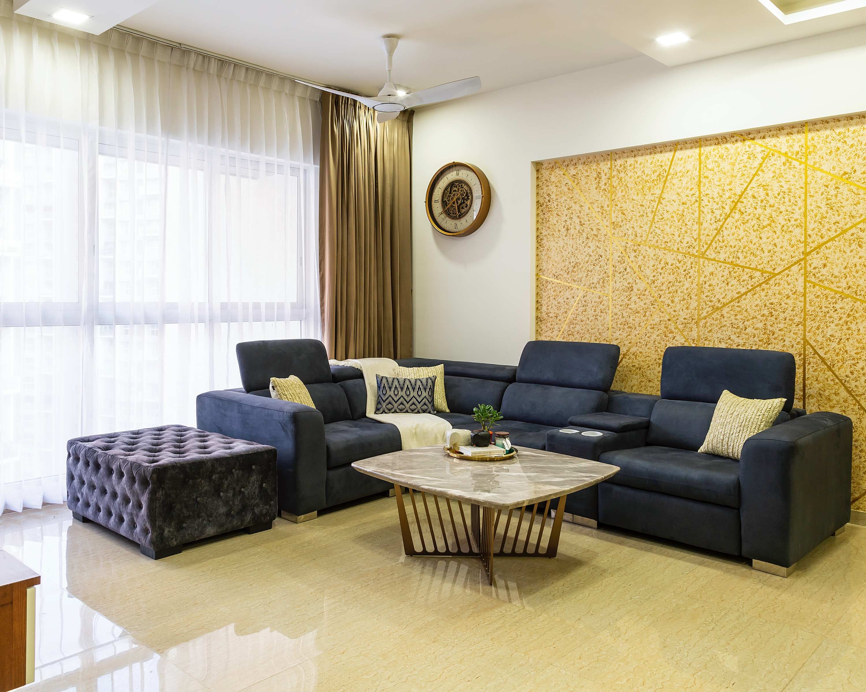 Low-Maintenance Beige Living Room Tile Design | Livspace