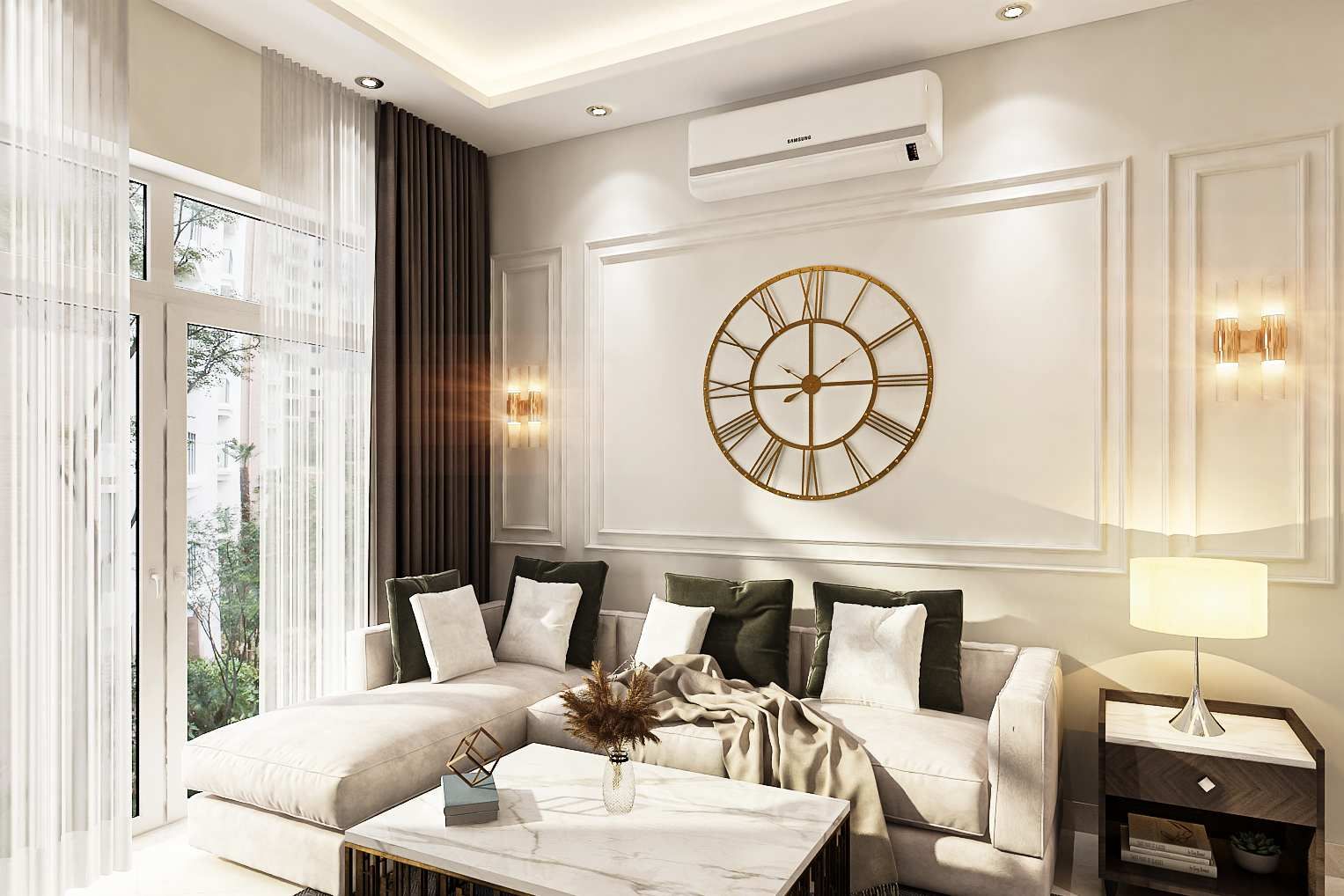 White Accent Wall Painting Design With Light Fixtures Livspace