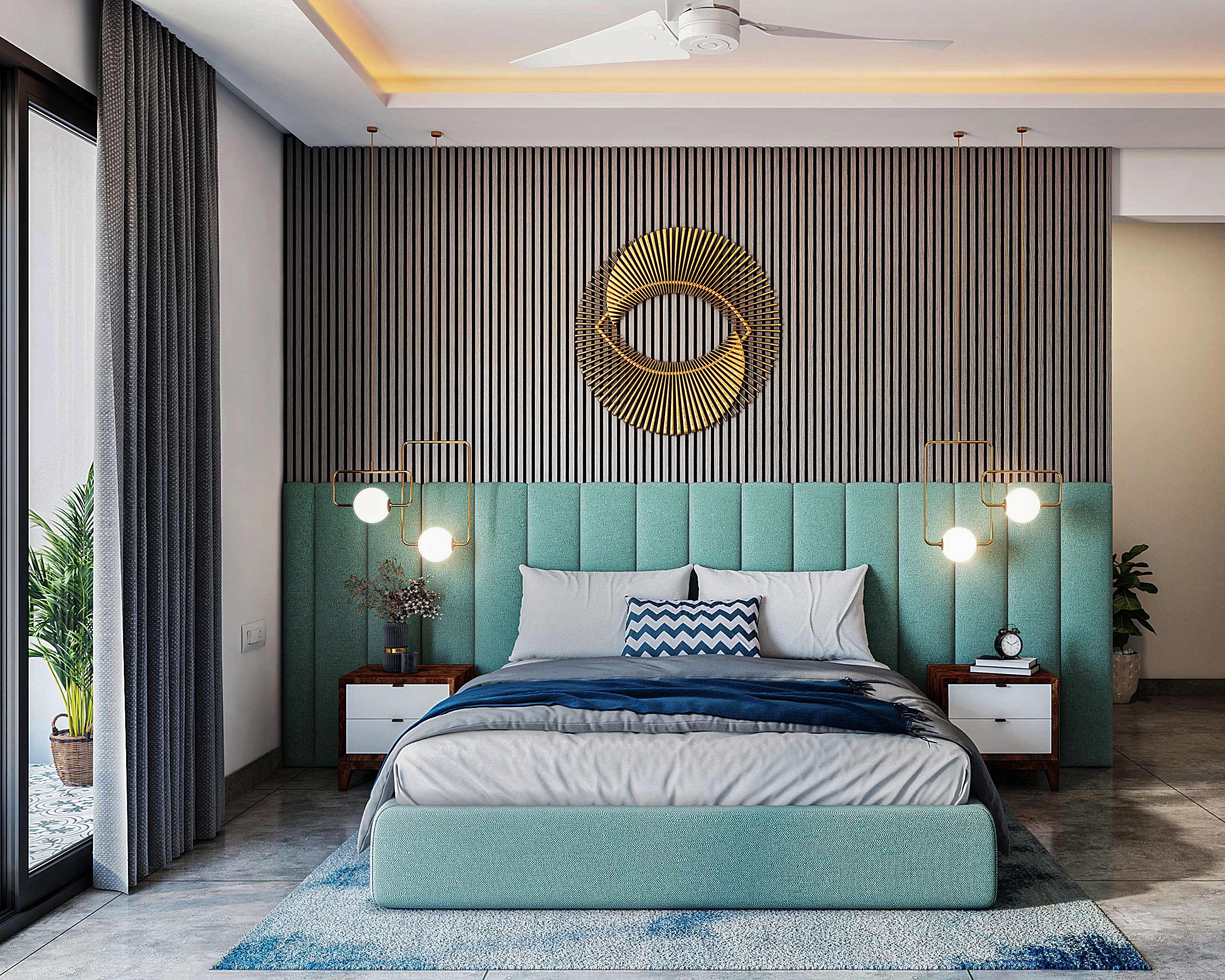 Modern Wall Design For Bedroom In Blue Livspace
