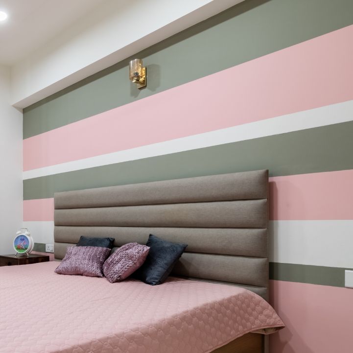 Modern Bedroom Wall Paint Design With Tricolour Stripes
