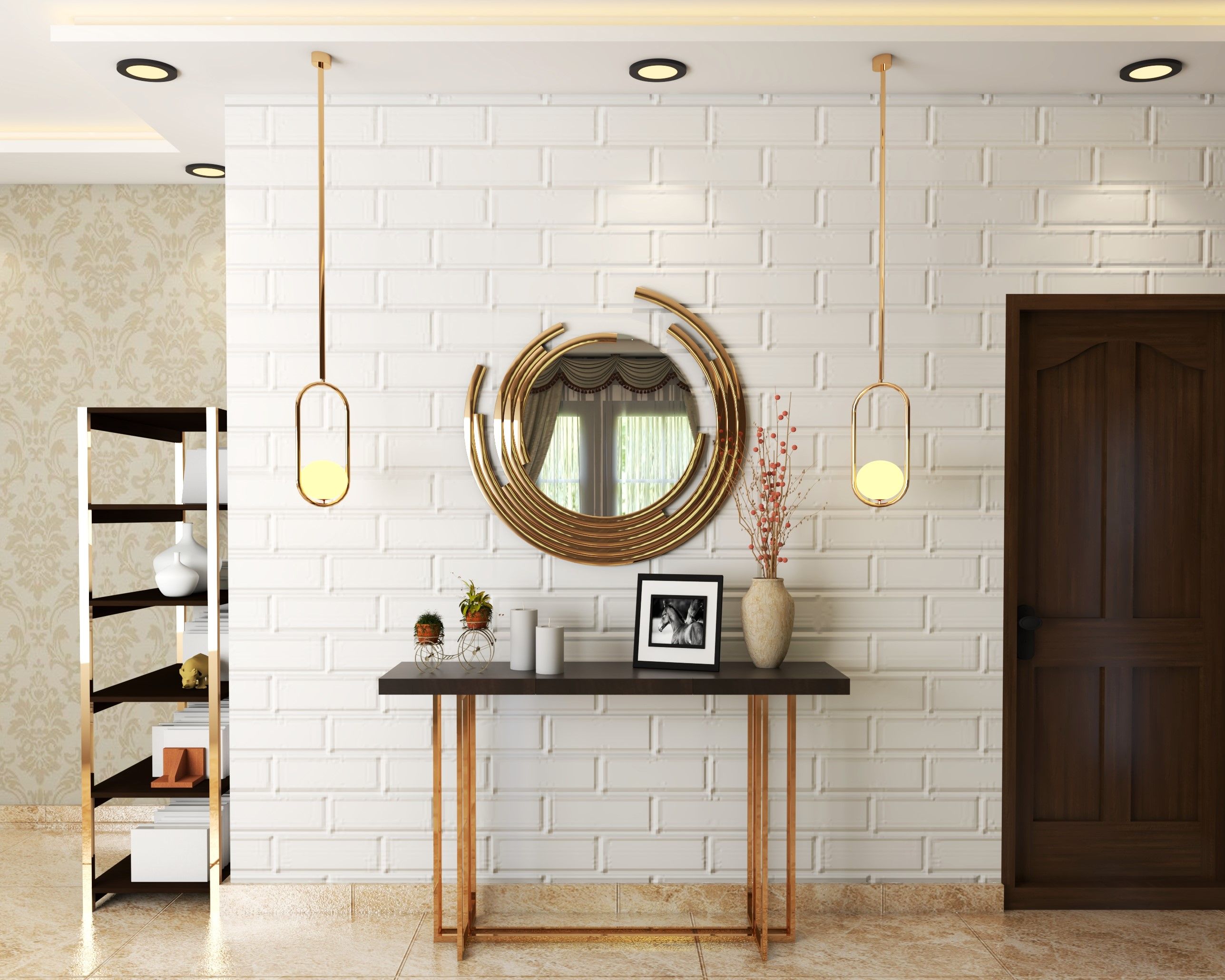 Exposed white brick wallpaper design for foyer livspace