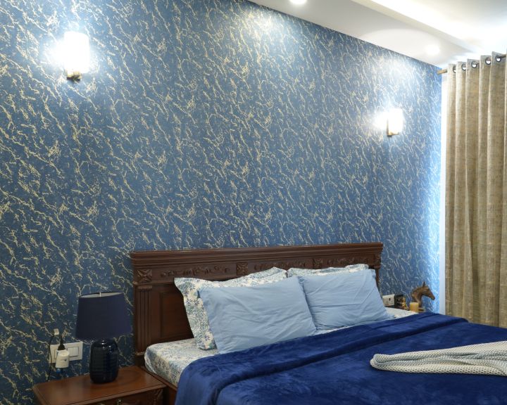 Blue Bedroom Wallpaper Design With Patterns | Livspace