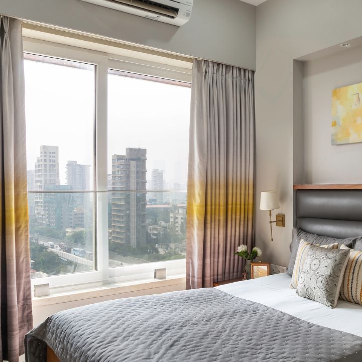 Modern Bedroom Window Design With Grey And Yellow Curtains