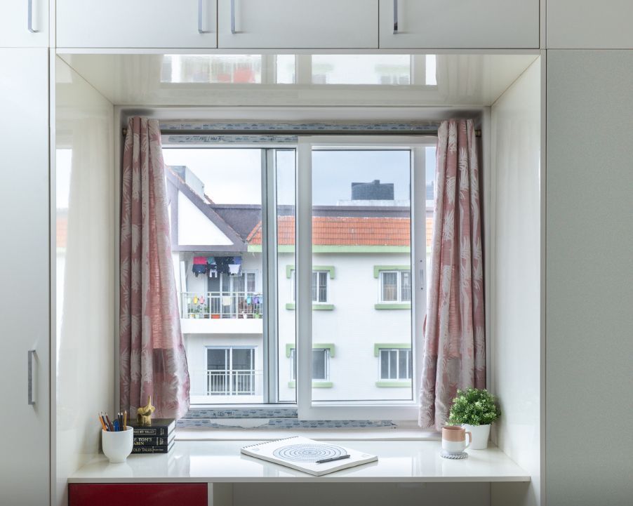 Modern Sliding Window Design With Floral Curtains