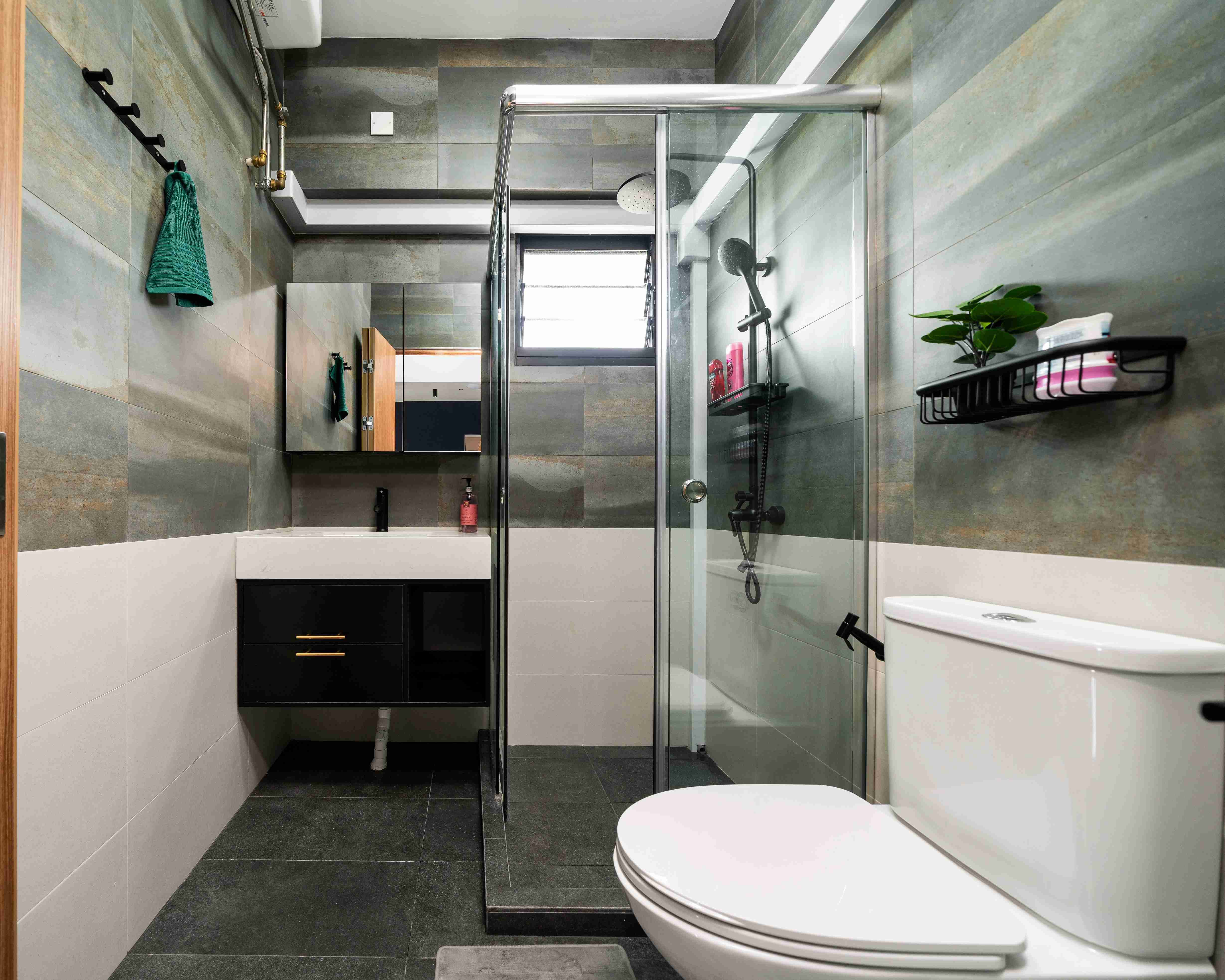 White And Grey Floor Tiles Design For HDB Bathroom Livspace