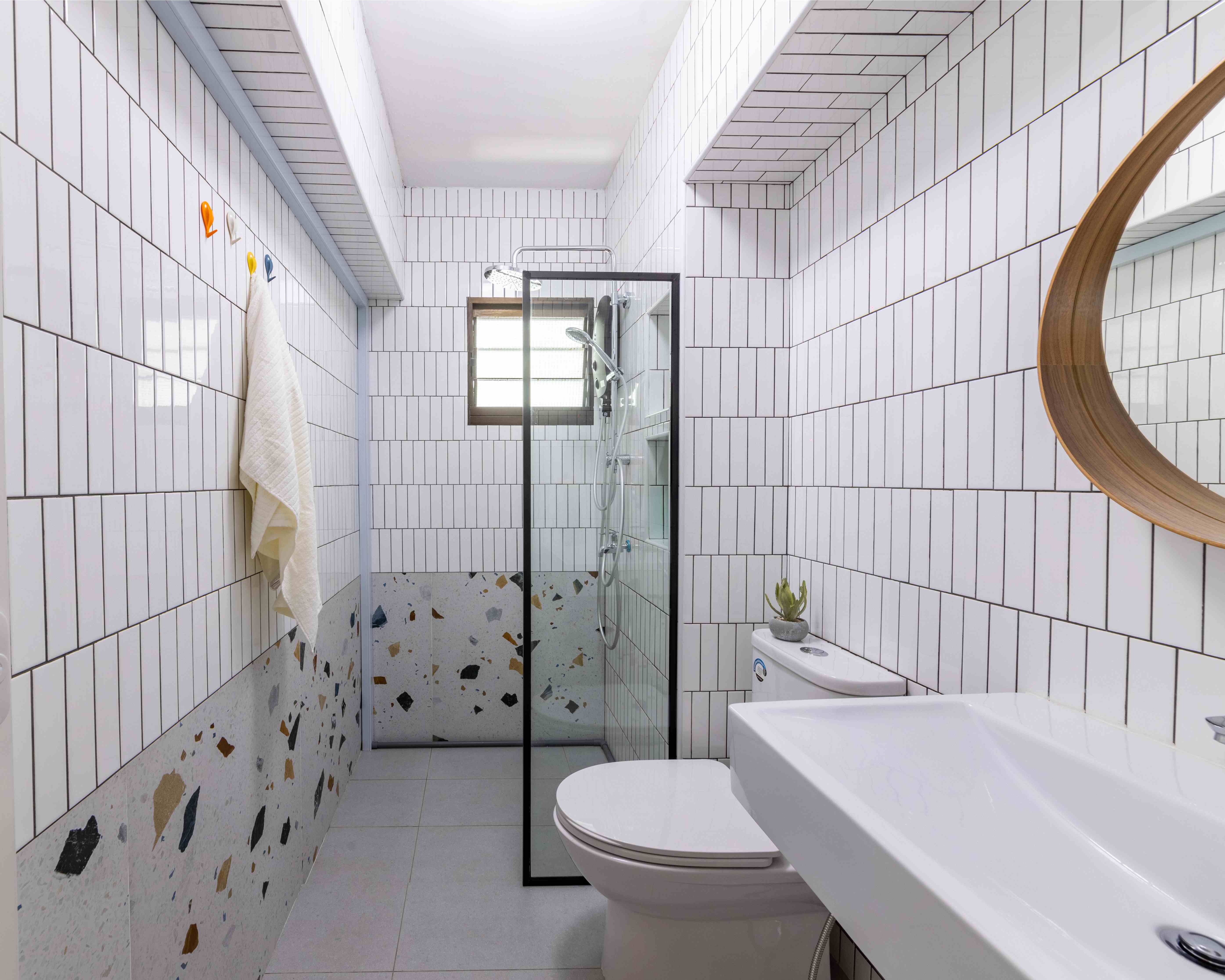 Blend Of White Subway And Terrazzo Wall Tiles Design | Livspace