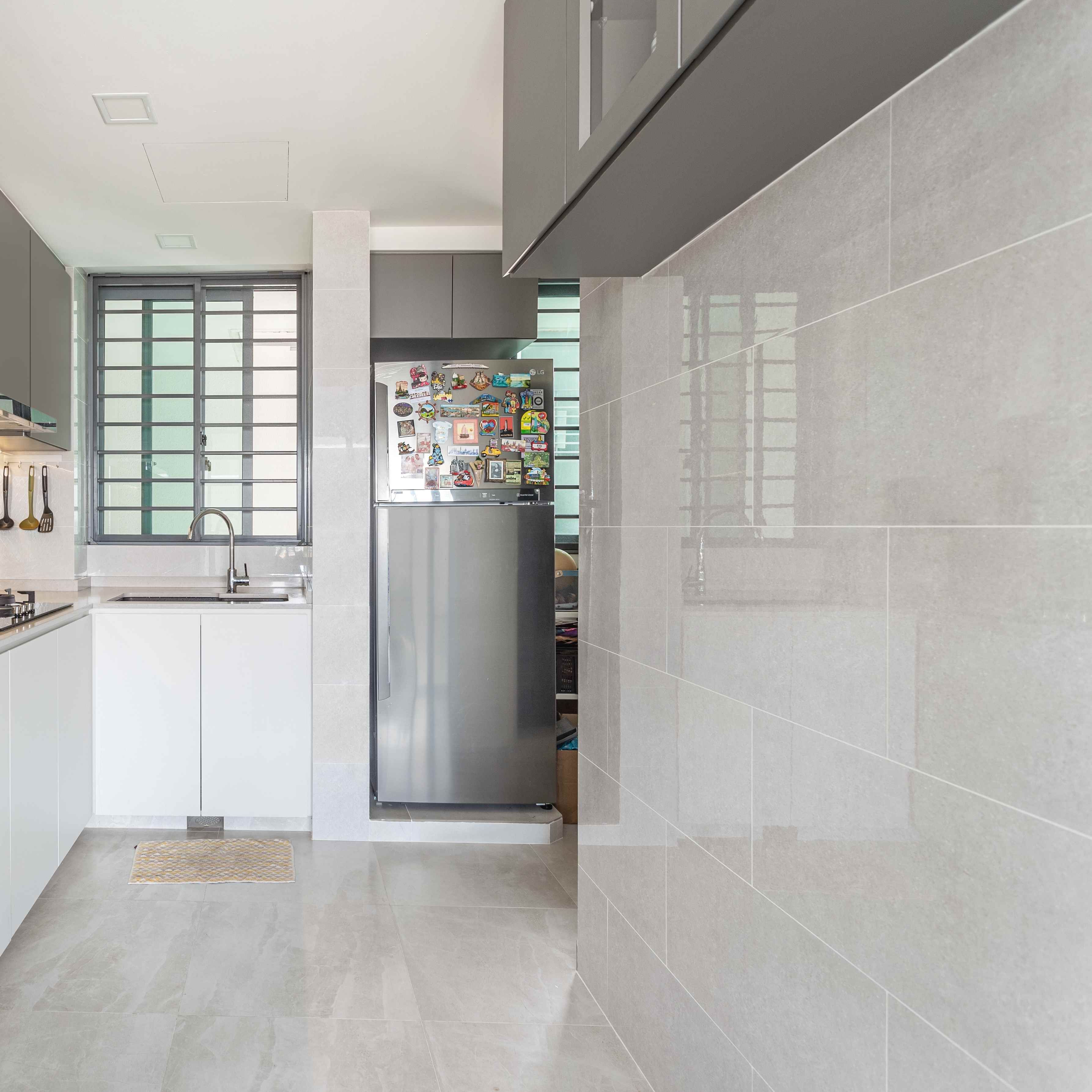 Glossy Grey Tiles Design For Kitchen Condo Livspace