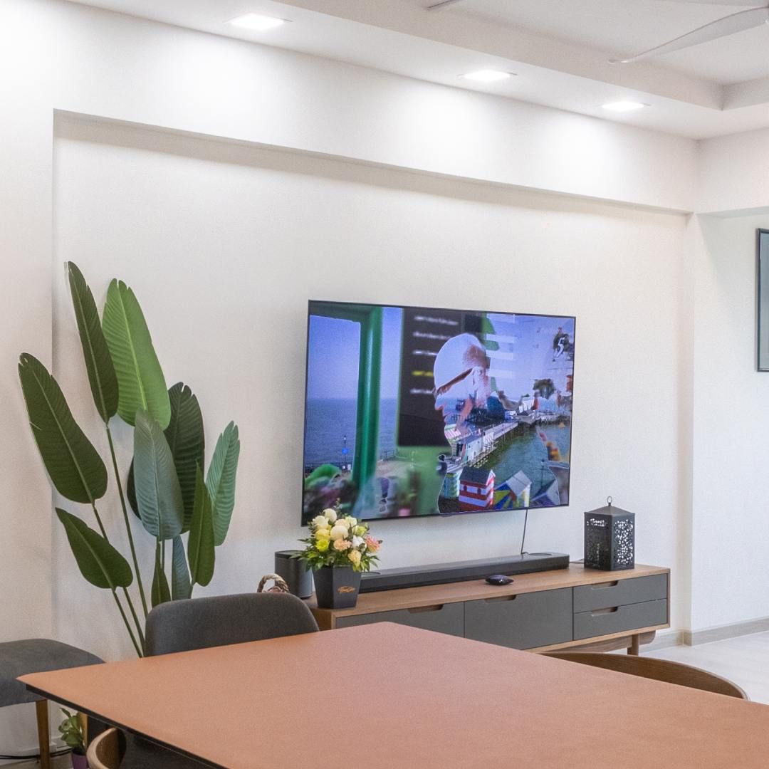 FloorMounted TV Design With Finger Groove Handles Livspace