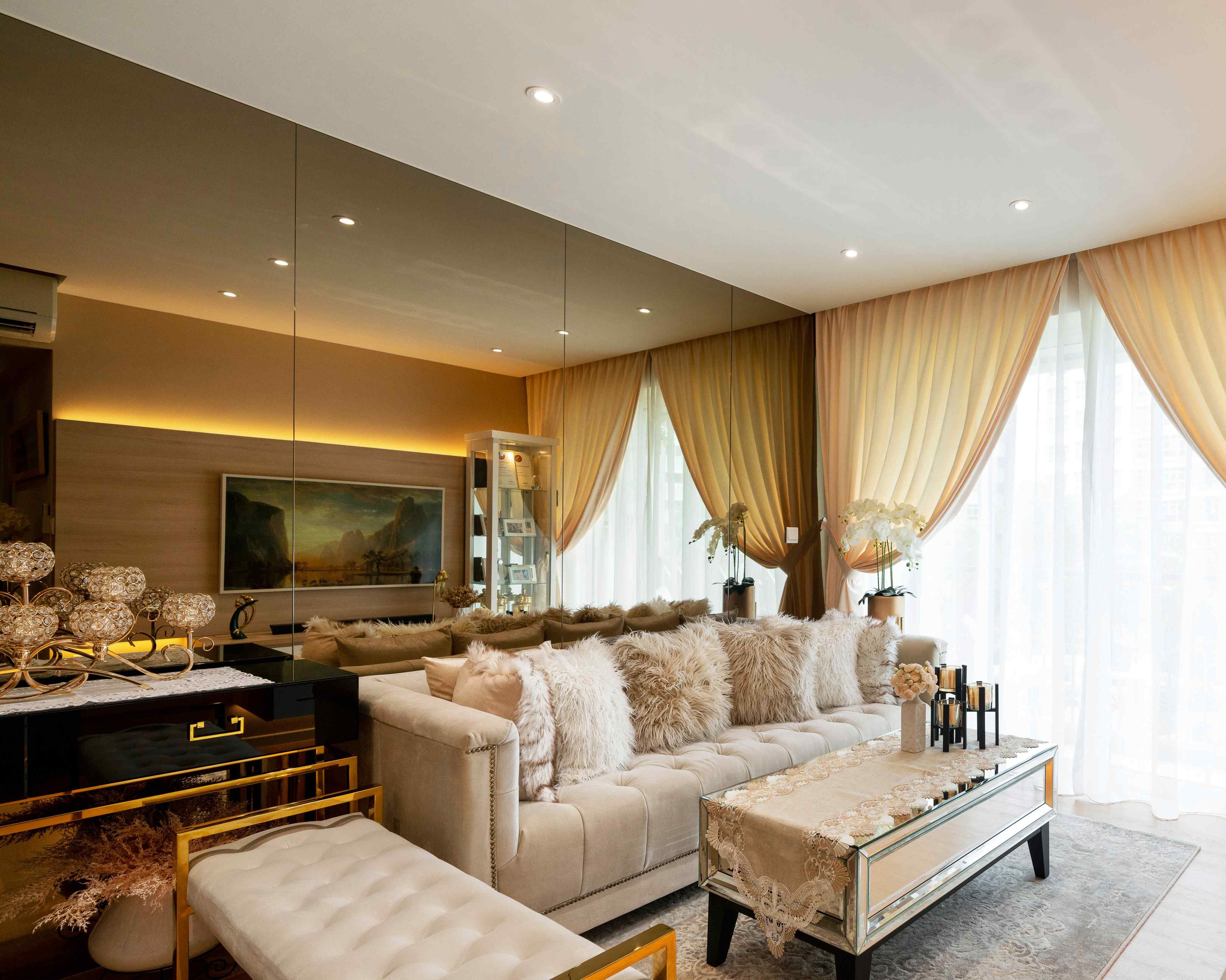 Black Mirror Wall Panels With Peach Wall Paint Design Livspace