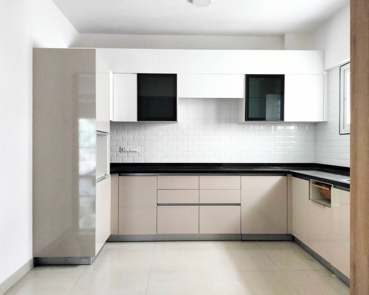 U-Shaped Kitchen Design with Beige and White Cabinets