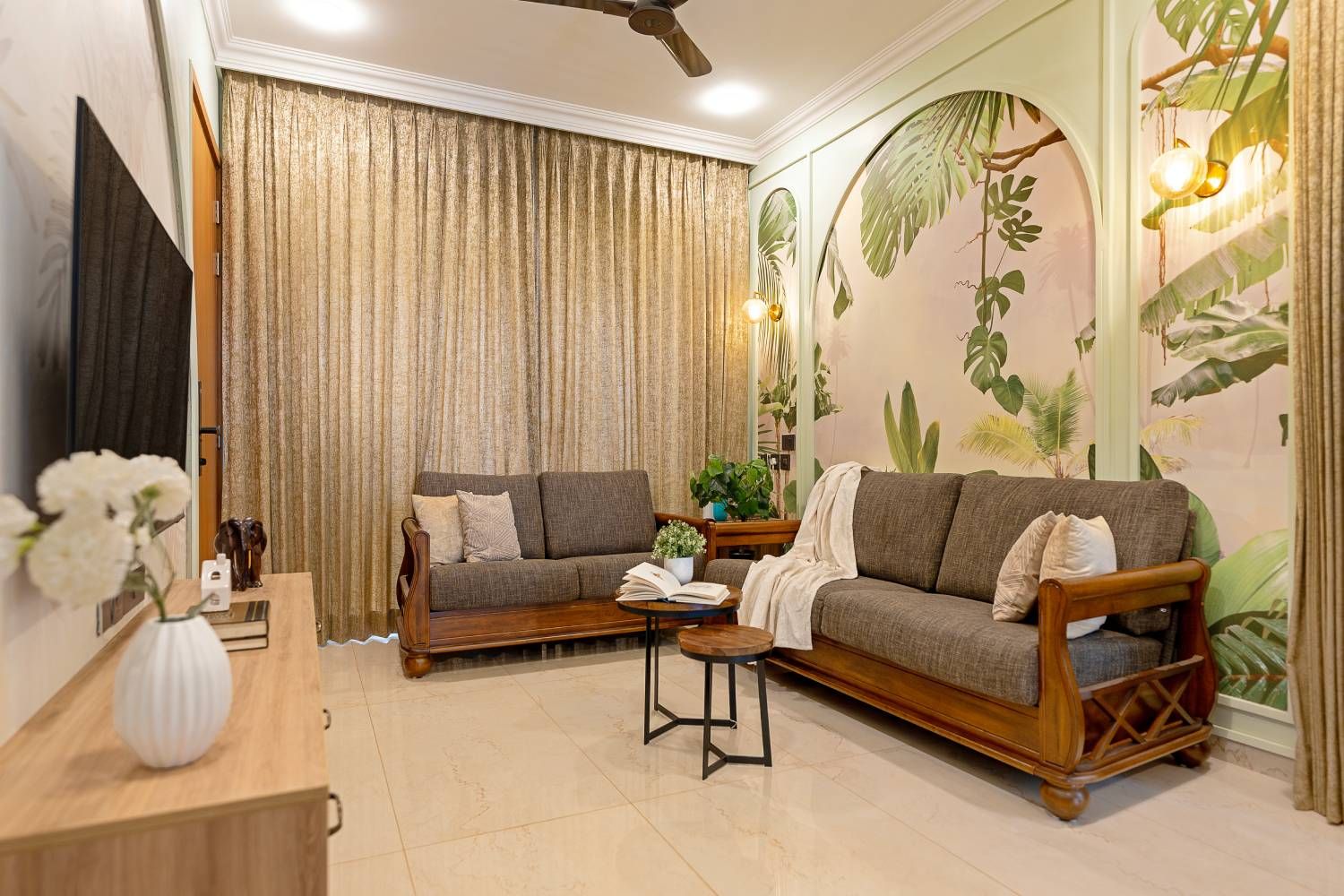 Living Room Design with Wooden Sofa with Grey Cushioning, Tropical Themed Green Wallpaper