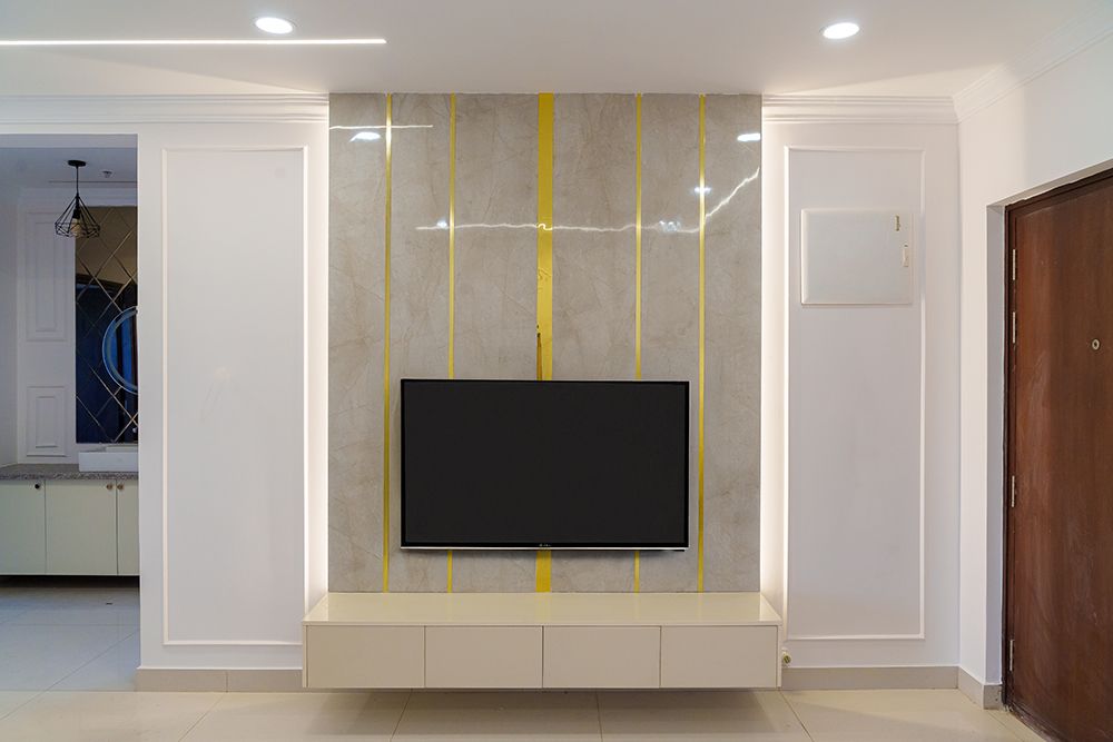 TV Unit Design with Grey Marble Textured Backsplash Wall with Yellow Inlays