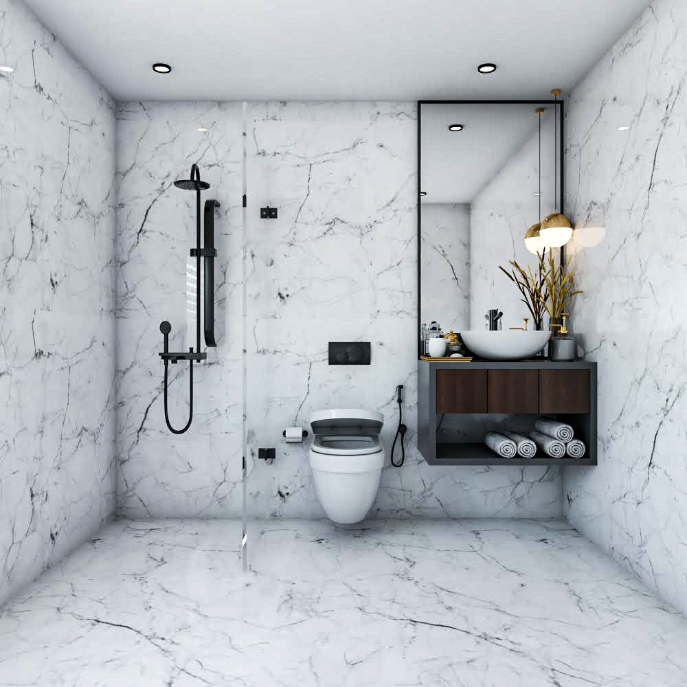 Minimalistic Bathroom Design With Marble Walls And Dark Wood Vanity Unit