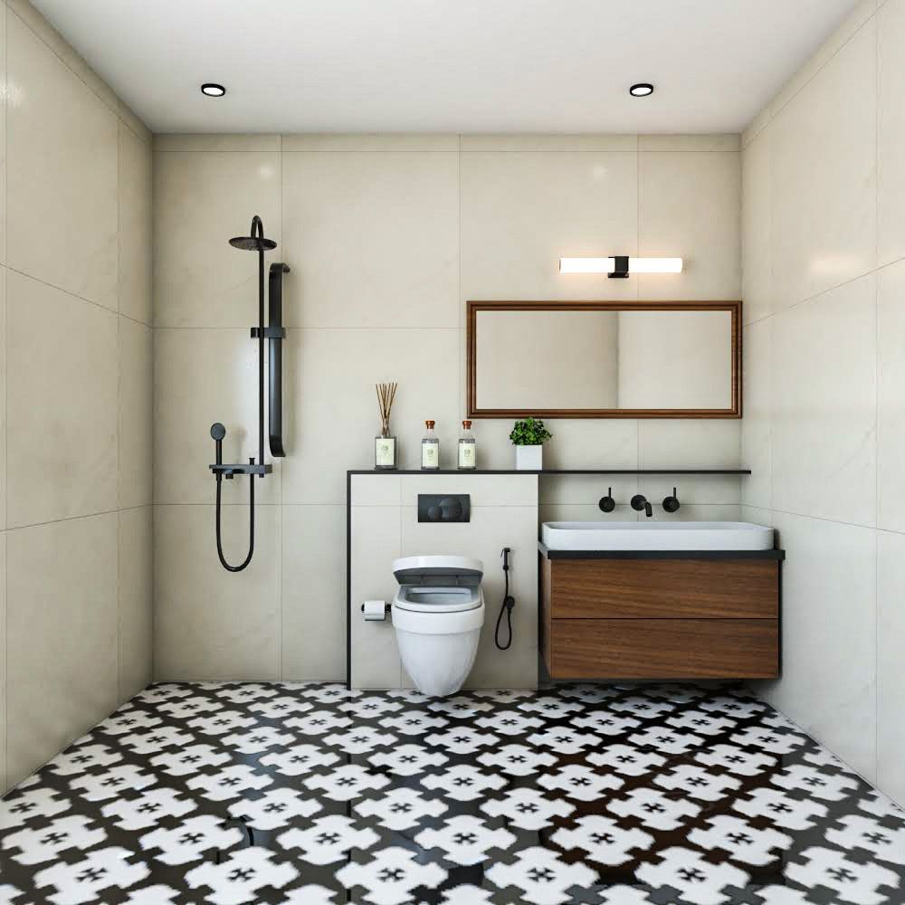Classic Bathroom Design With Black And White Patterned Floor Tiles