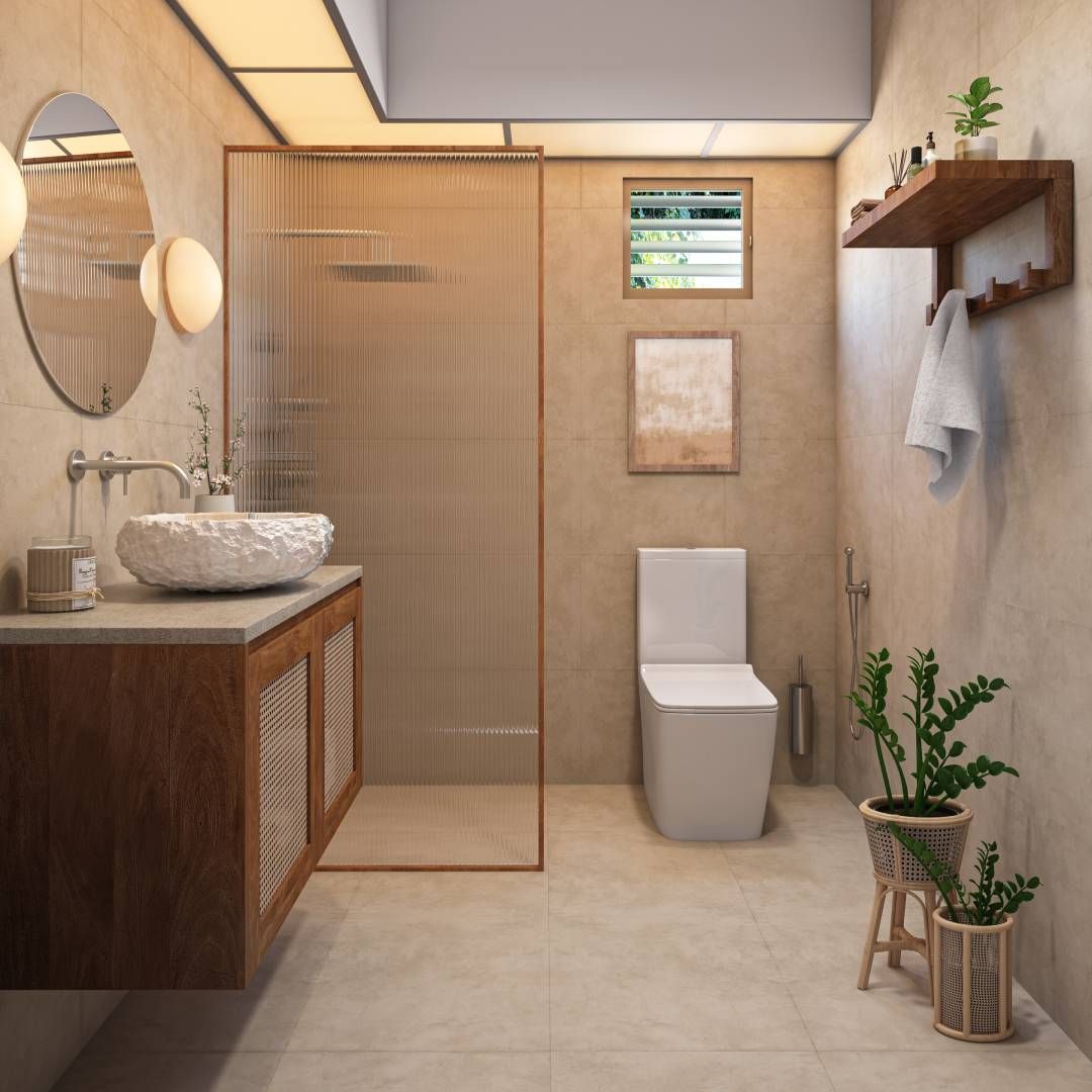 Scandinavian Beige And Brown Bathroom Design With Granite Countertop