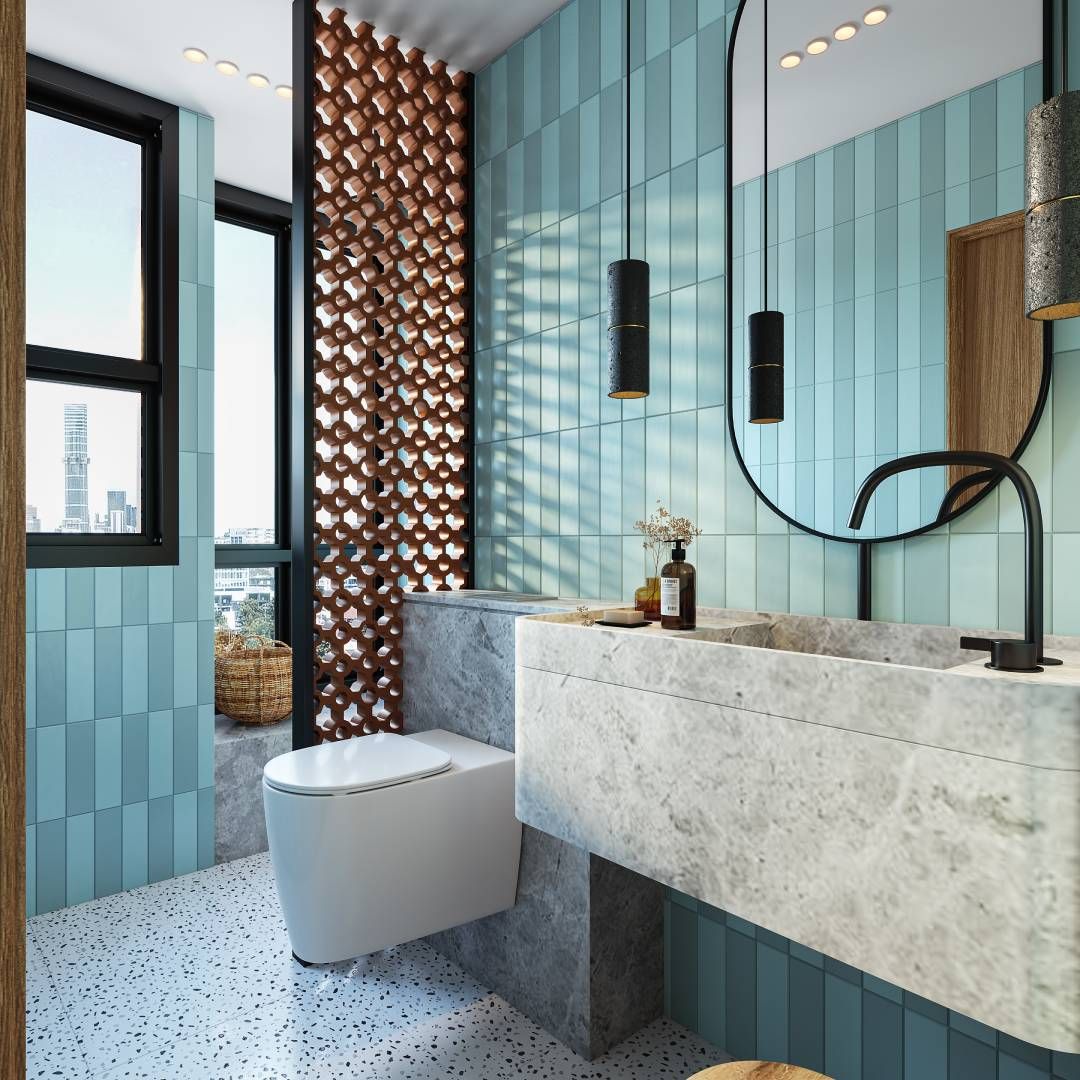 Modern Blue And White Small Bathroom Idea With Concrete-Finish Bathroom Countertop