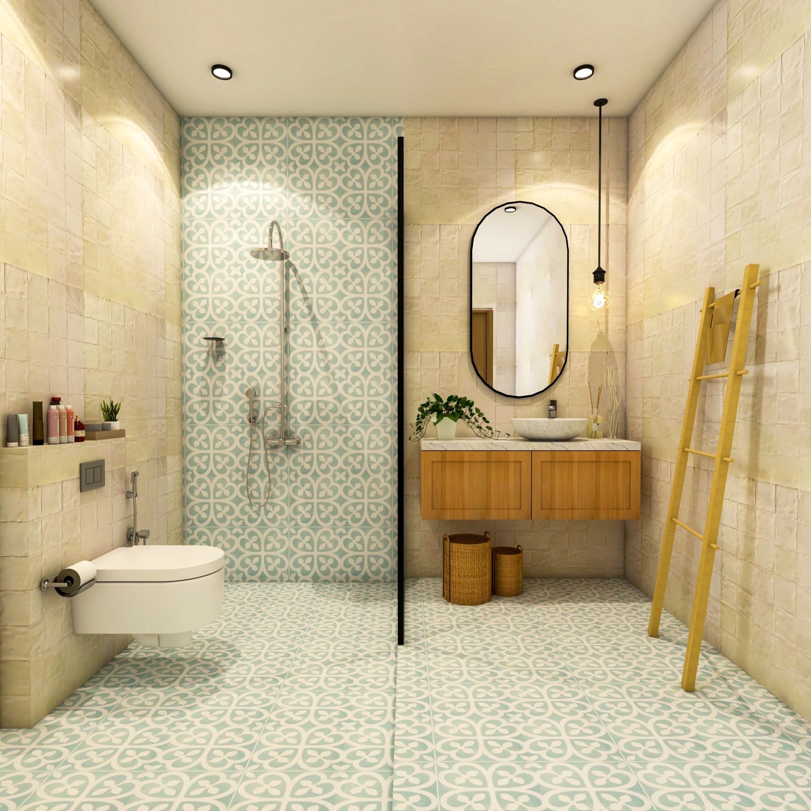 Scandinavian Blue And Cream Bathroom Design With Wooden Bathroom Cabinet