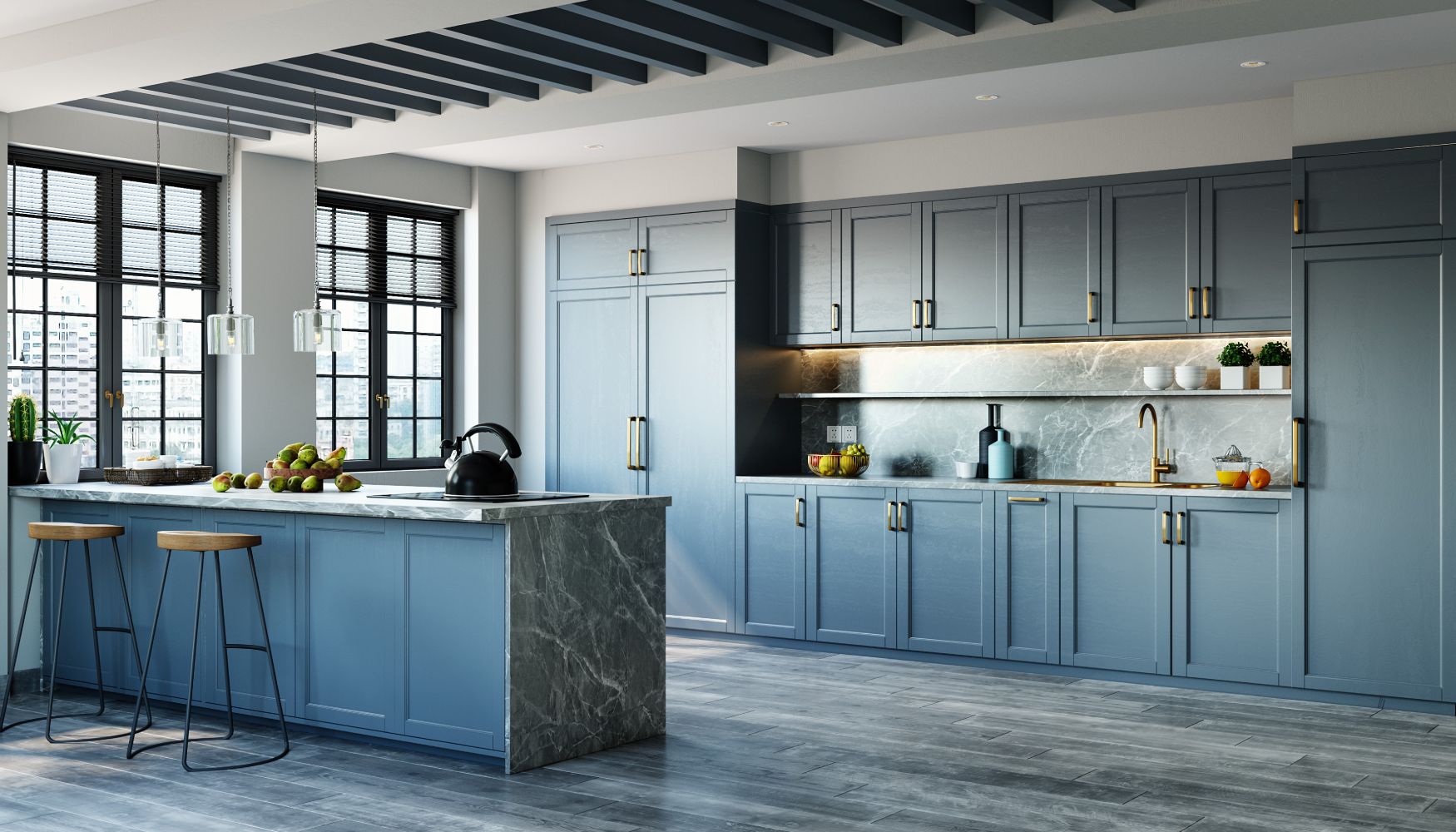 Modern Blue Open Kitchen Design with Quartz Countertop and Brass Accents