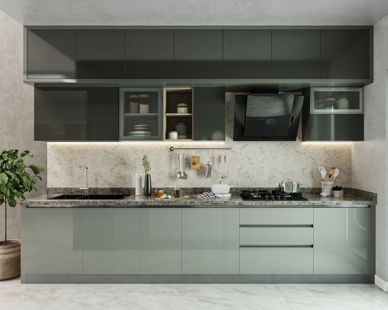 Contemporary Straight Black And Grey-Green Kitchen Interior Design