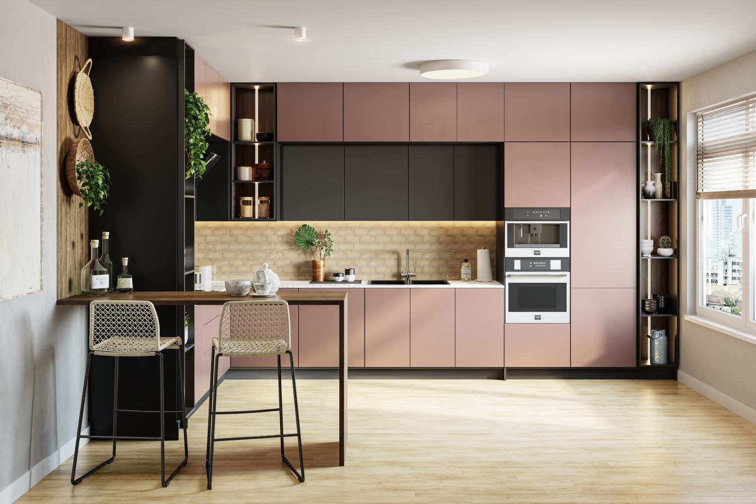 Modern Pink and Black Open L-Shaped Kitchen Design with Quartz Countertop