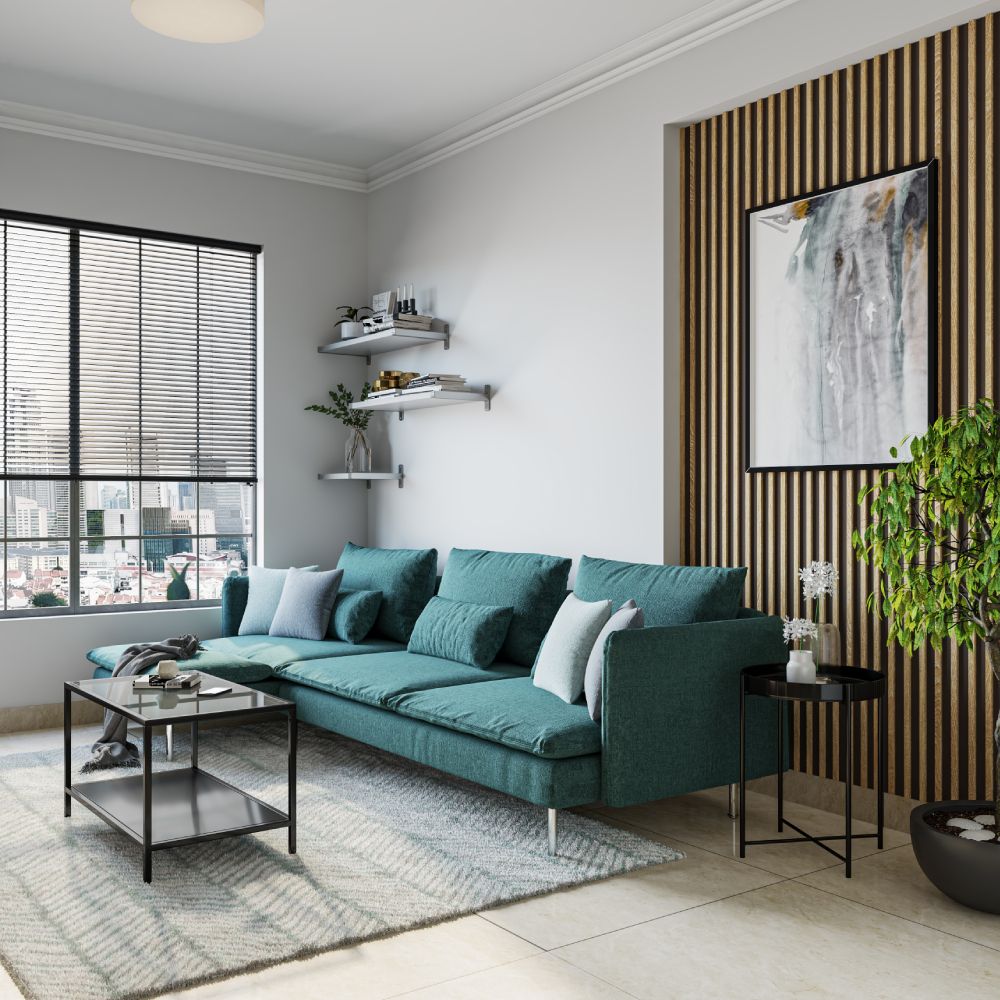 Modern Living Room Design with L-Shaped Greenish Blue Grey Sofa and Metal Coffee Table