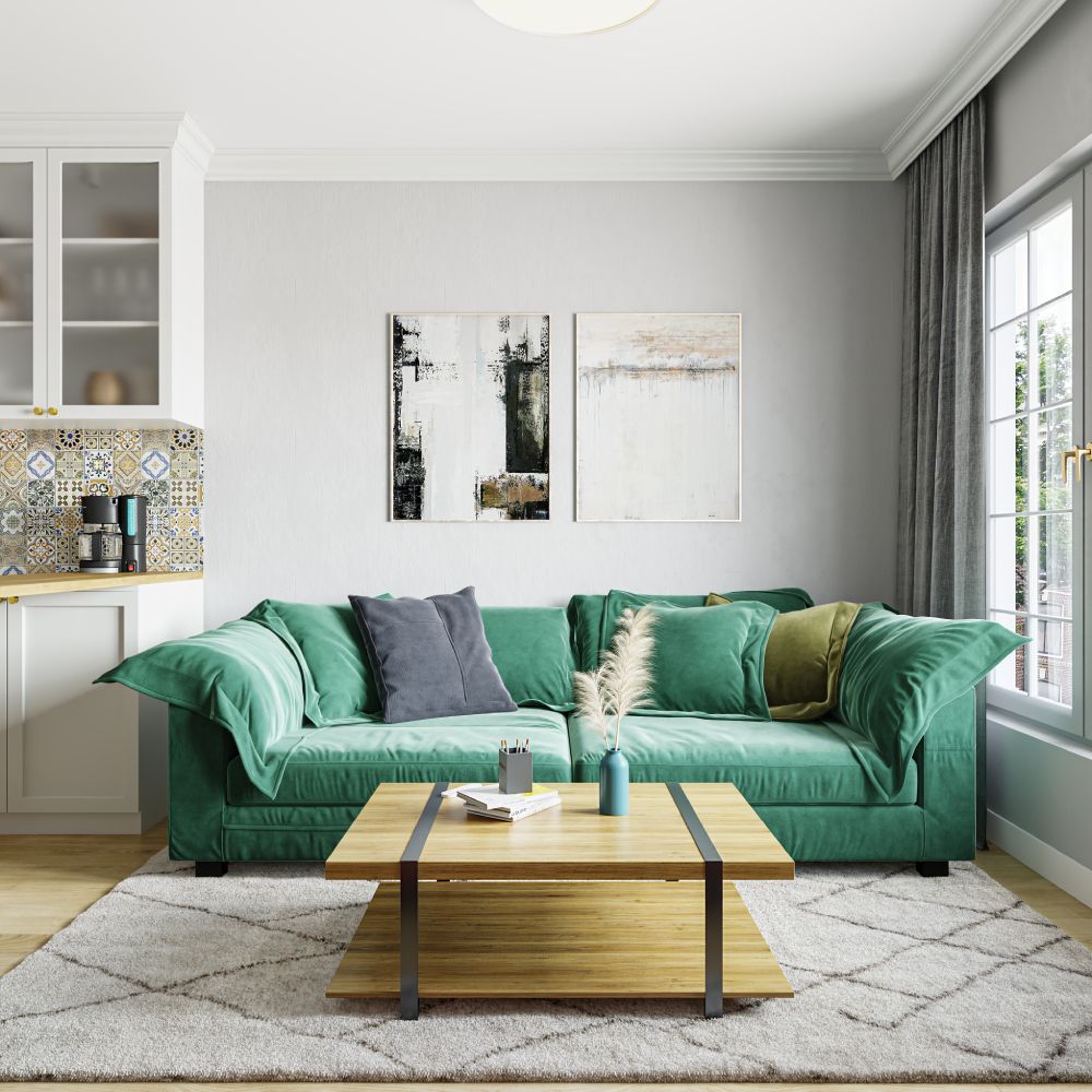 Modern Living Room Design with Green Upholstered Sofa and Wooden Coffee Table