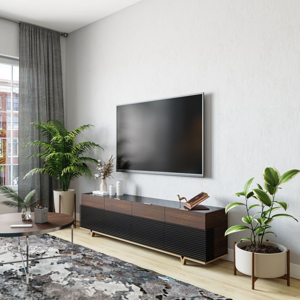 Modern Brown TV Unit Design With Grey Wall