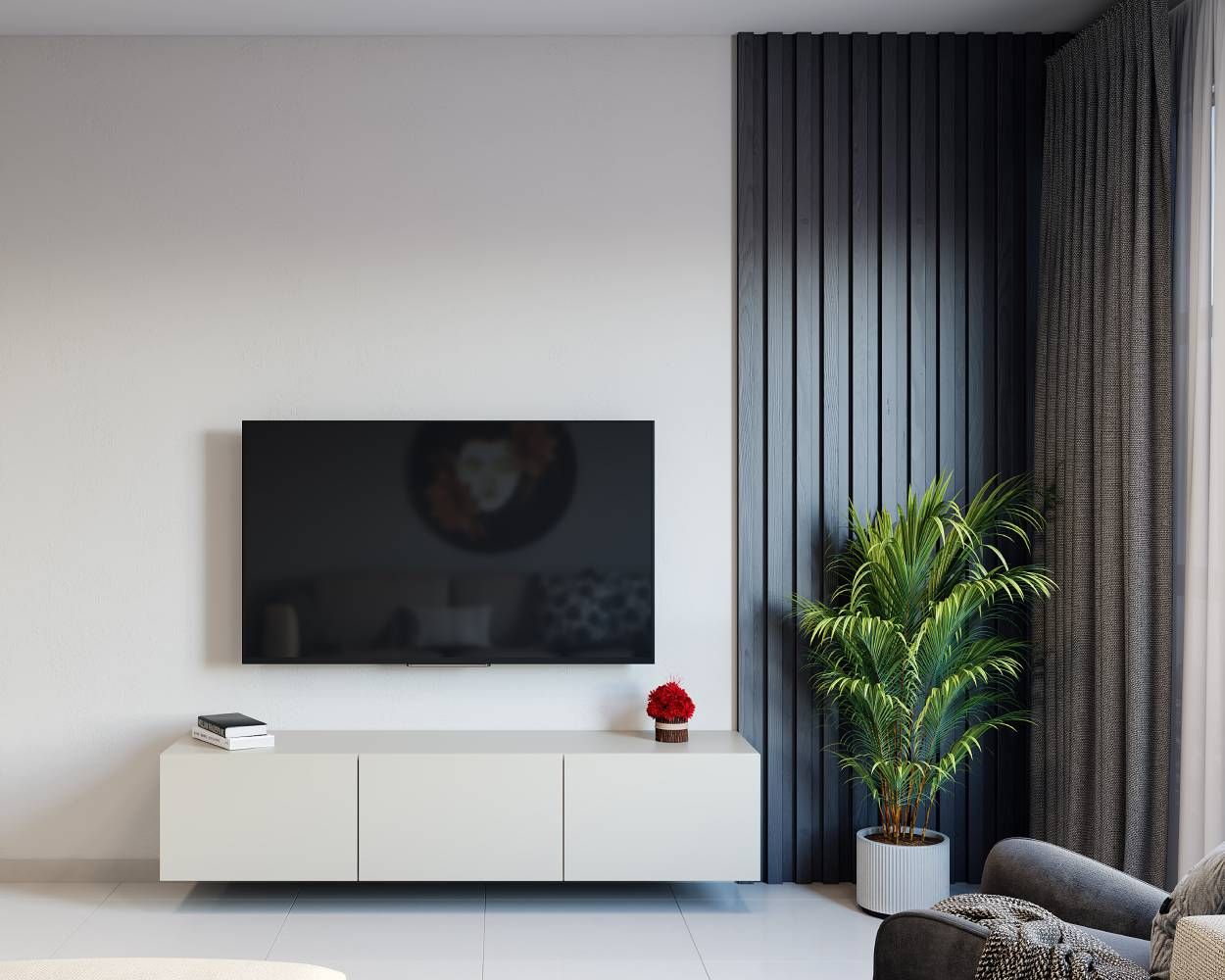 Modern White TV Unit Design With Grey Wooden Rafters