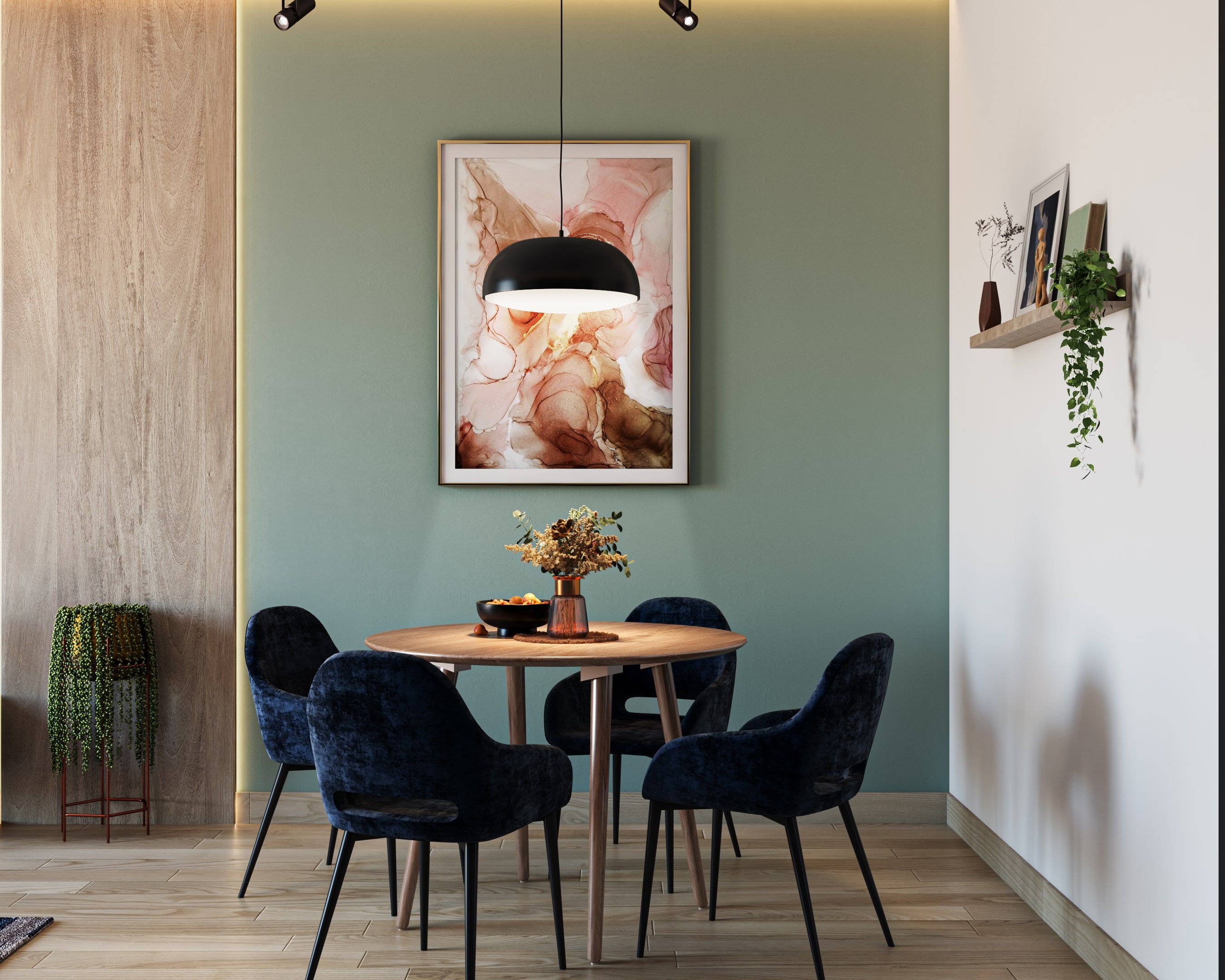 Modern 4-Seater Dining Room Design With Dark Blue Chairs