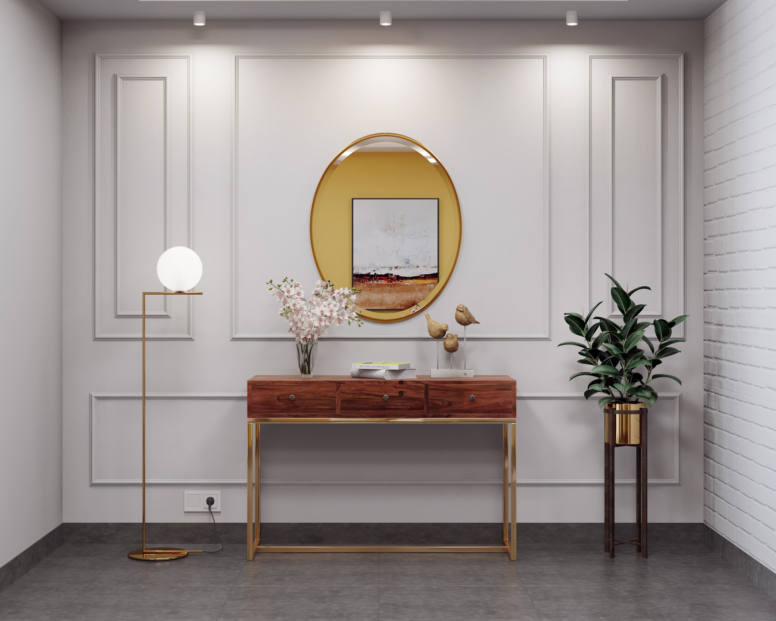 Classic Foyer Design Idea With Oval Mirror