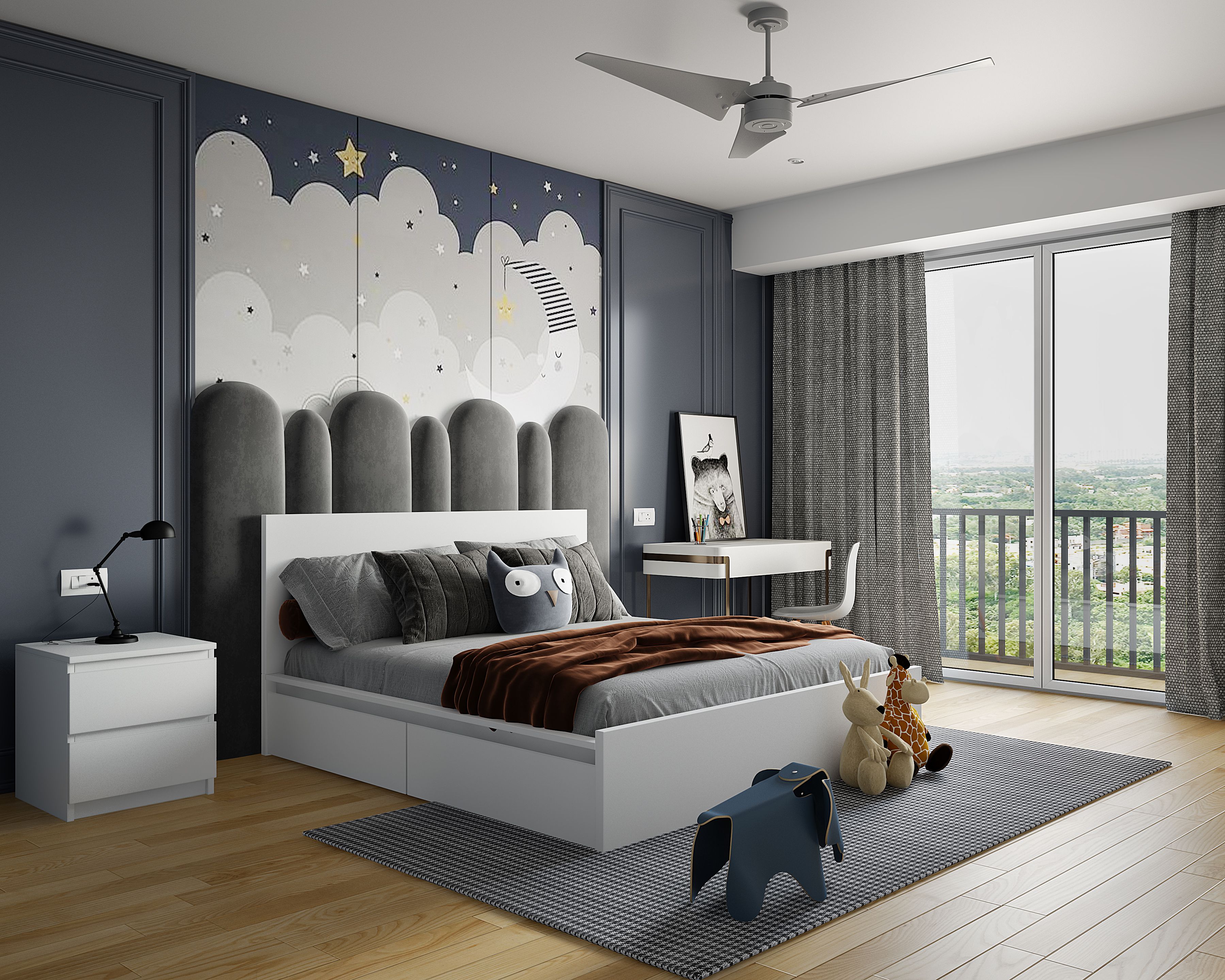 Modern Grey Kid's Bedroom Design With Cloud Wallpaper