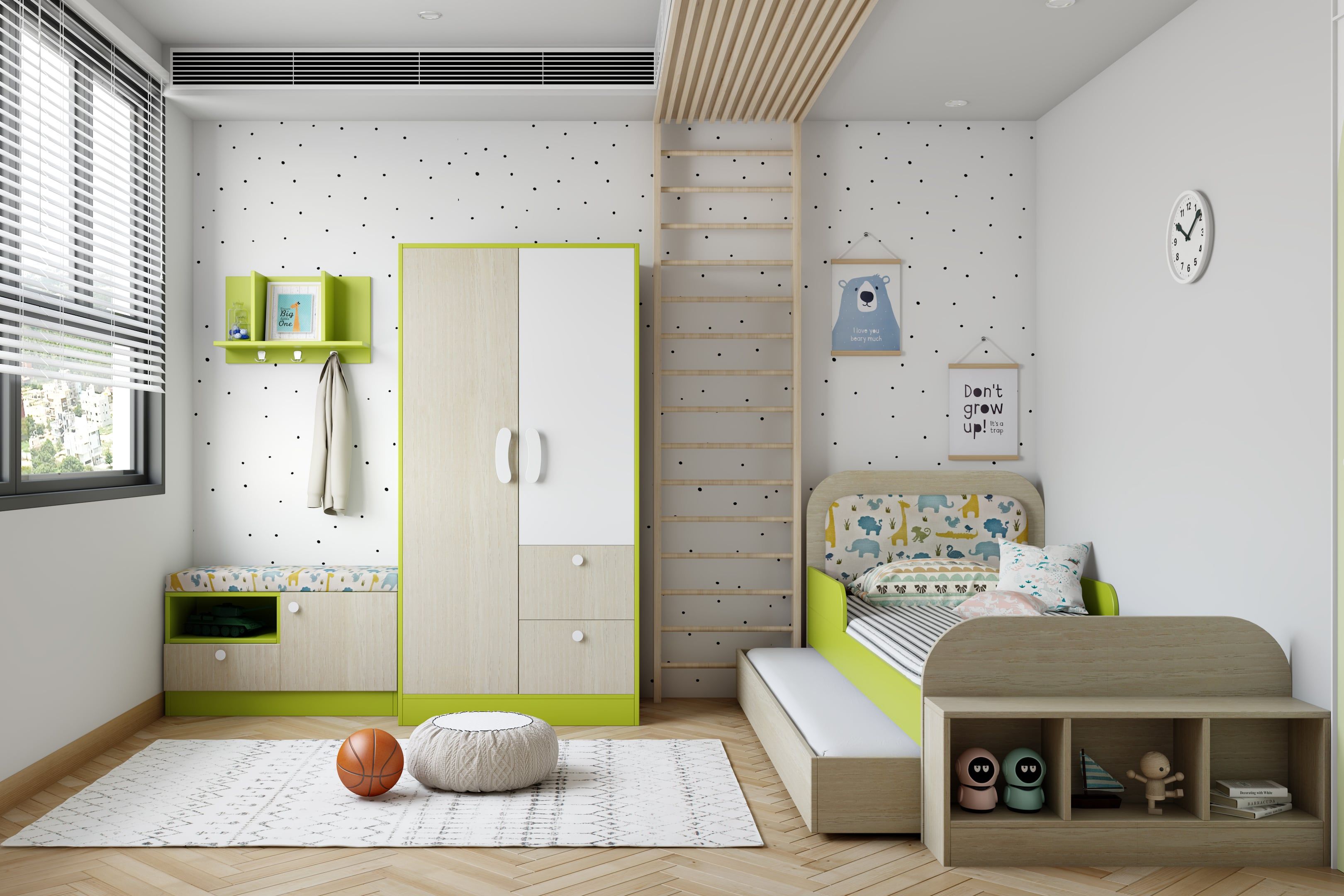 Modern Spacious Lime And Wood Kid's Bedroom Design