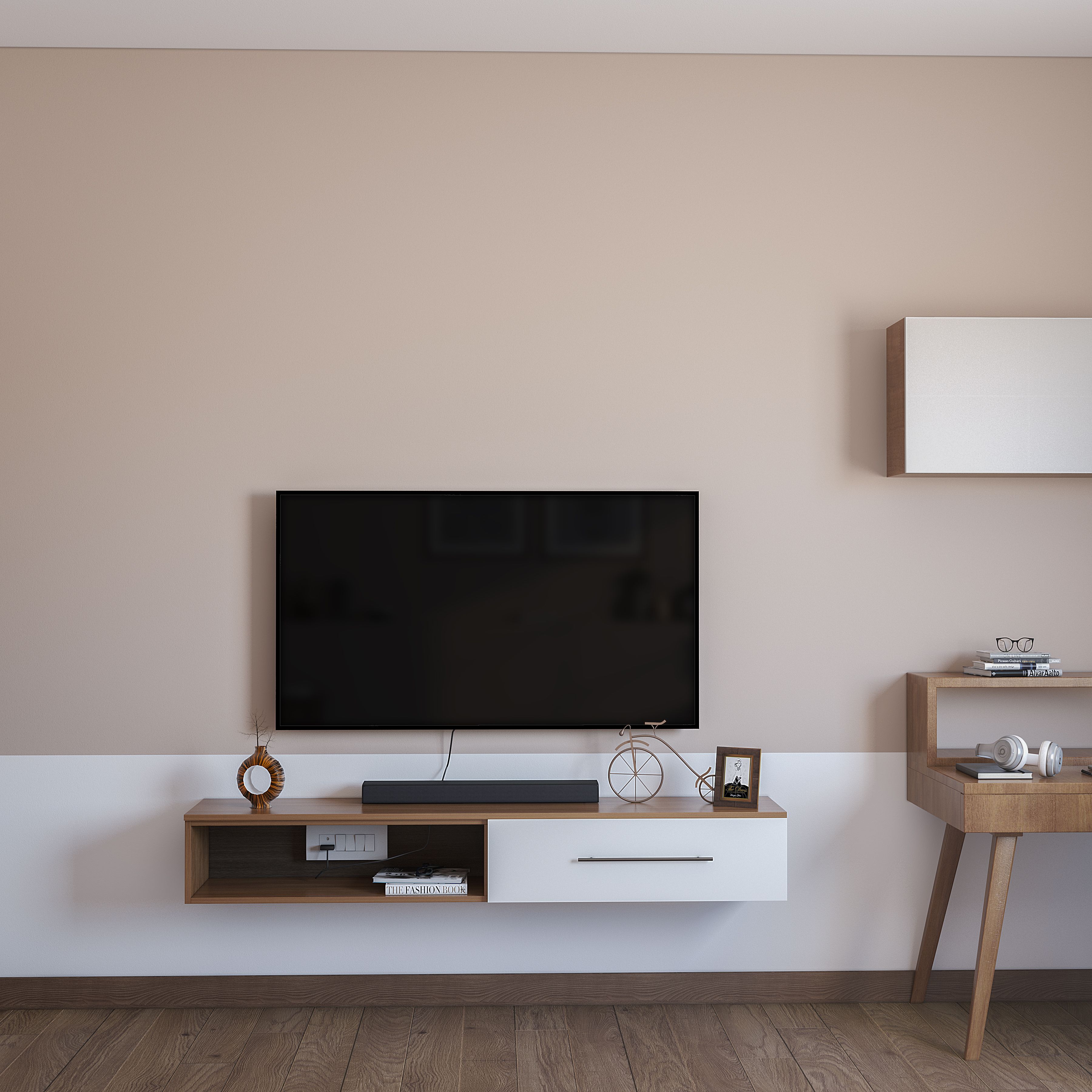 Brown Compact Minimal Wall-Mounted TV Unit Design | Livspace