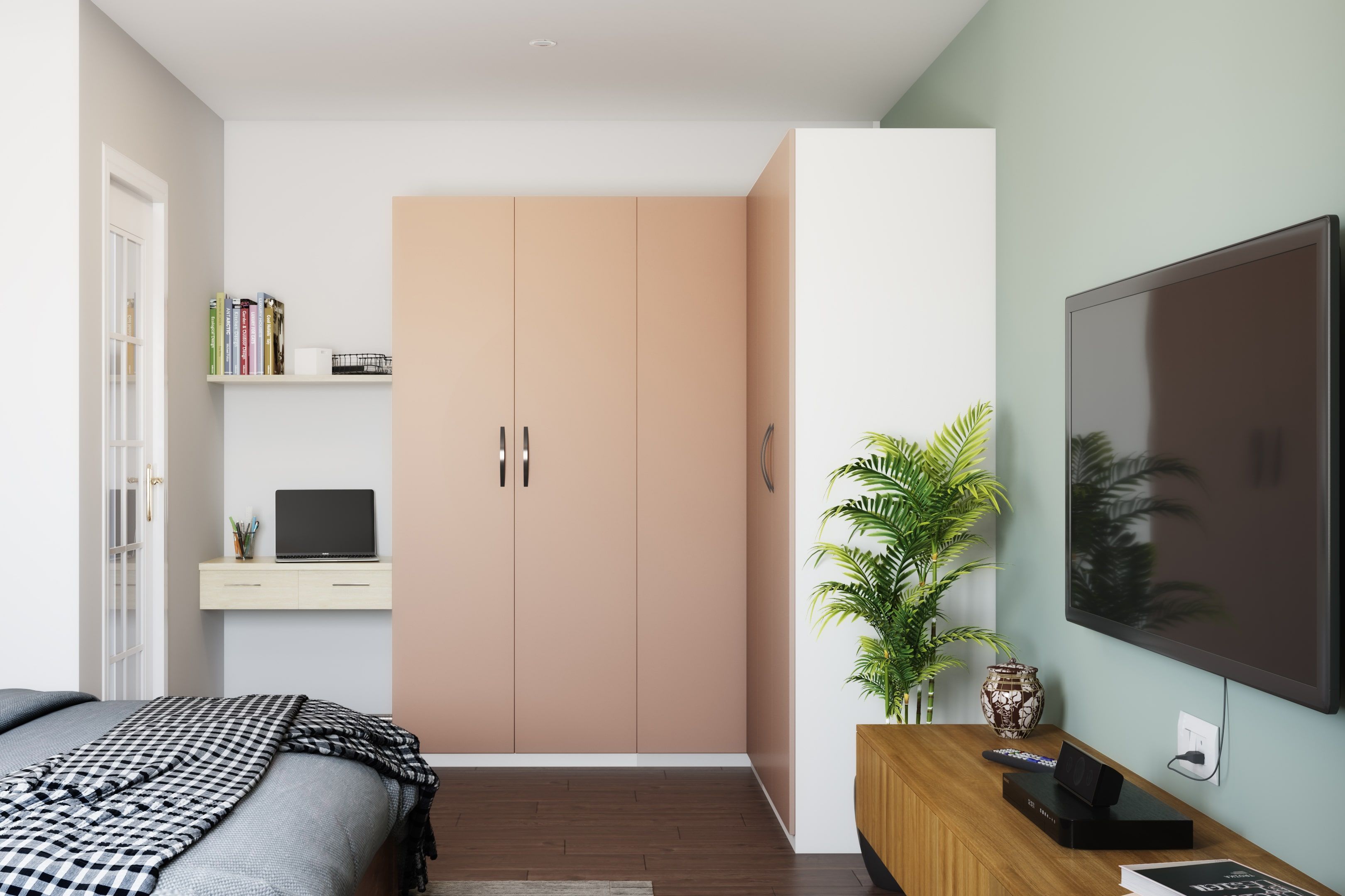 Modern Peach-Toned L-Shaped 6-Door Swing Wardrobe Design With Integrated Study Unit