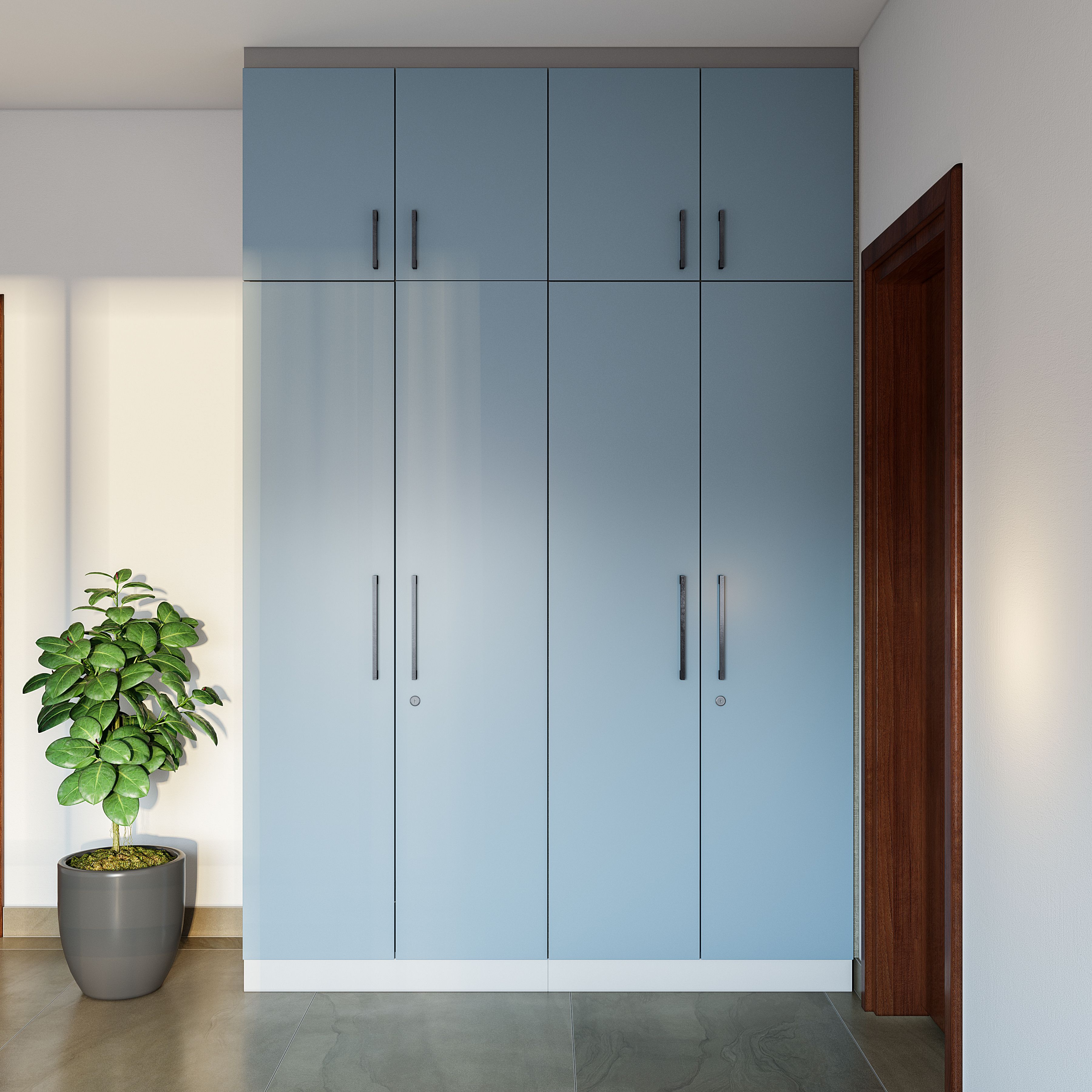 Modern Swing Blue 4-Door Wardrobe Design With Suede Finish
