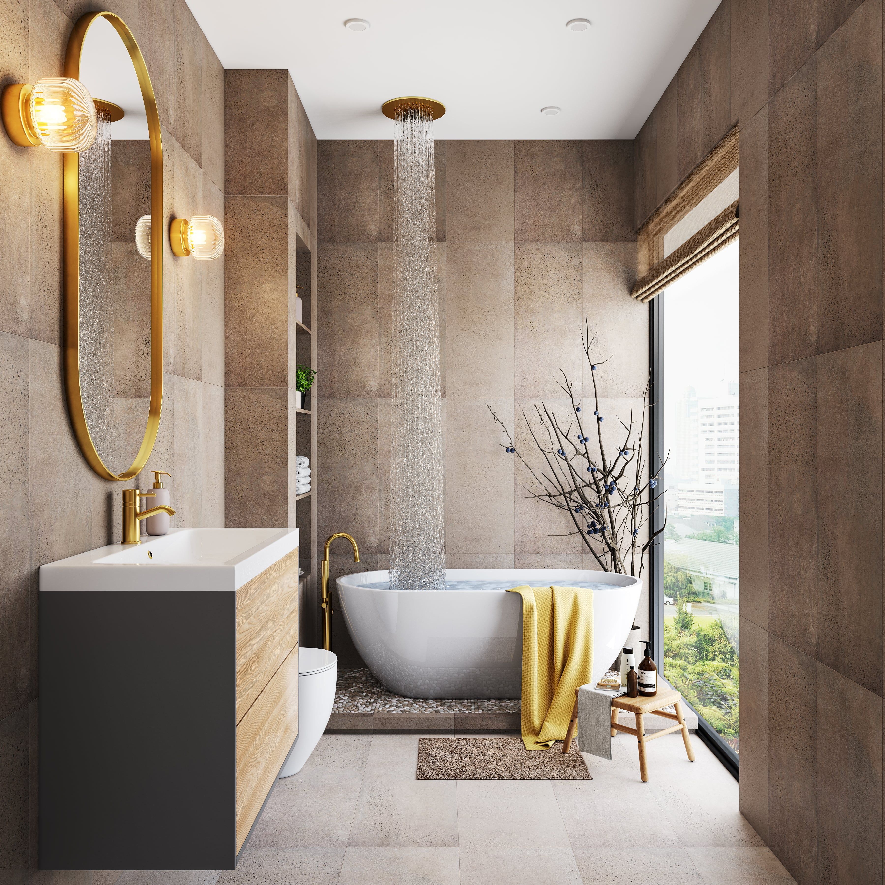 Modern Spacious Bathroom Design With Freestanding Bathtub